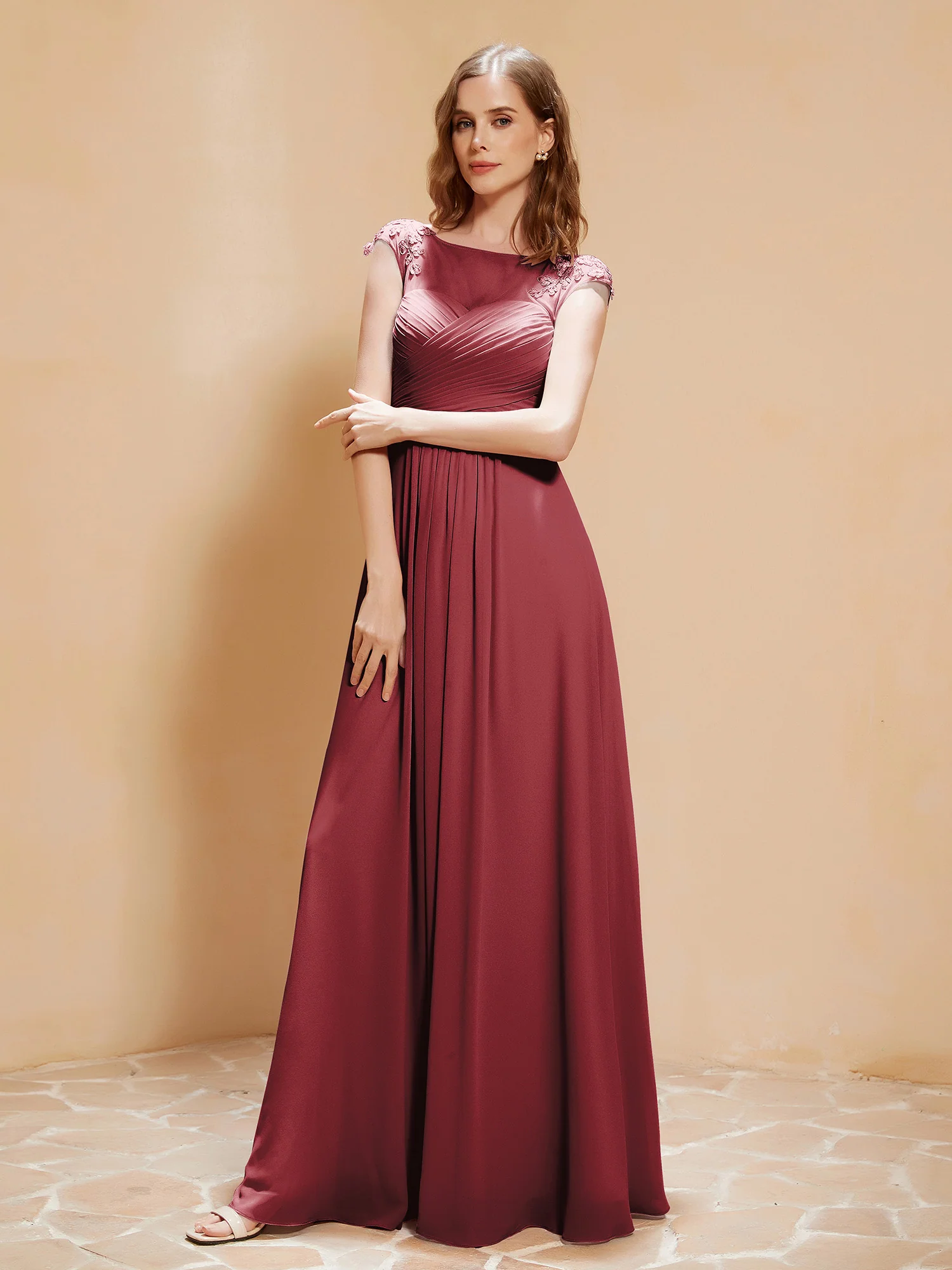 Illusion Neck Cap Sleeve Chiffon Lace Dress Cinnamon Rose