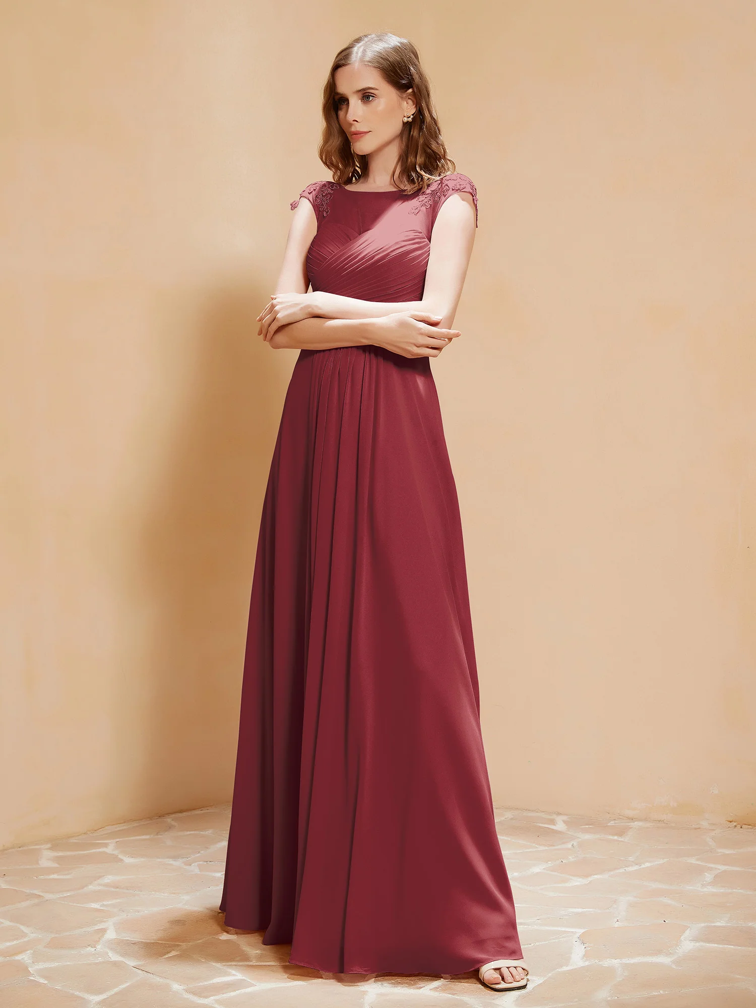 Illusion Neck Cap Sleeve Chiffon Lace Dress Cinnamon Rose - Image 3