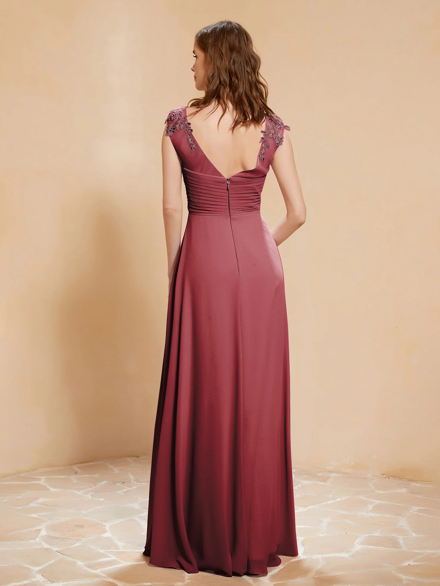 Illusion Neck Cap Sleeve Chiffon Lace Dress Cinnamon Rose Plus size - Image 2