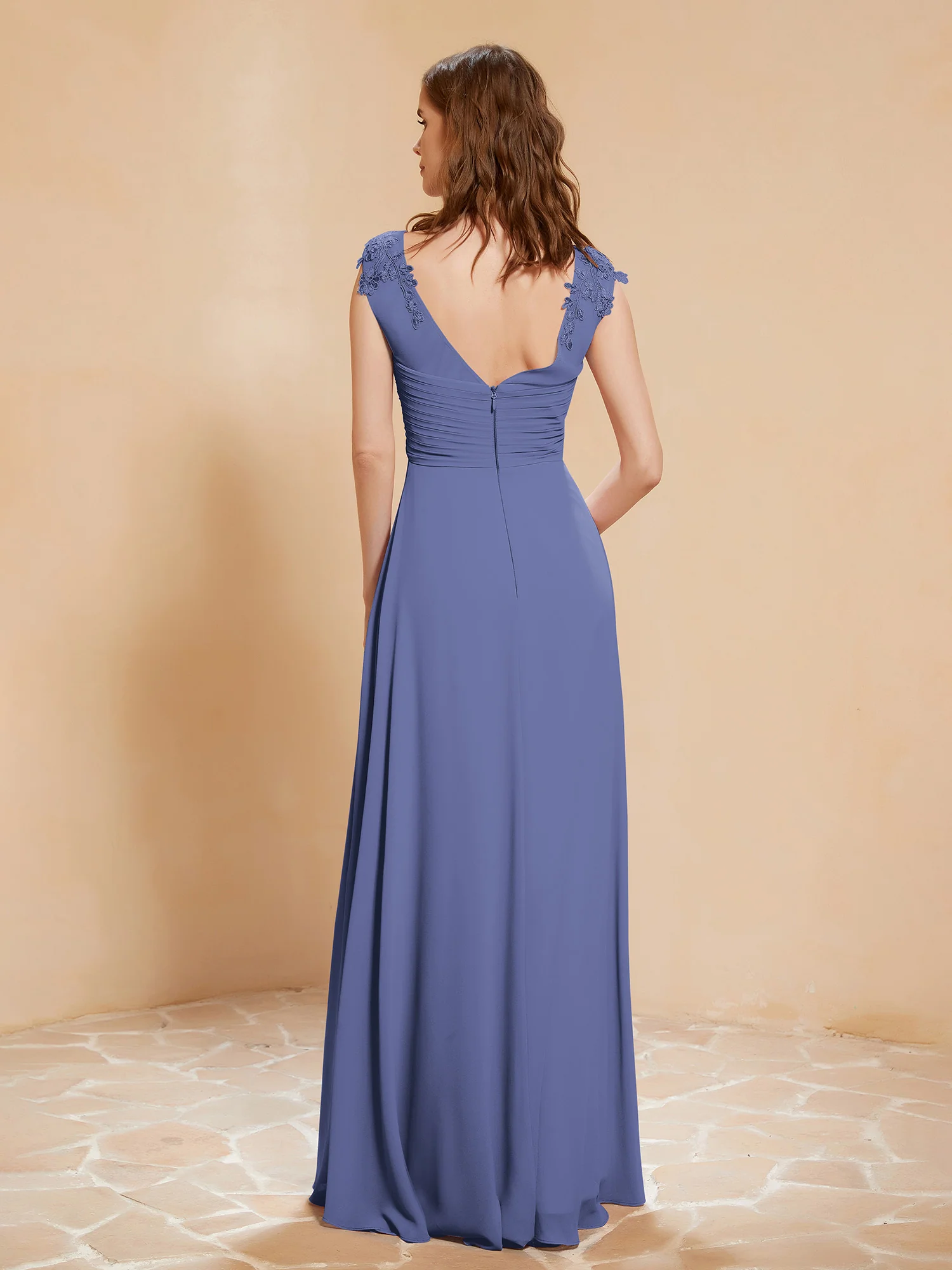 Illusion Neck Cap Sleeve Chiffon Lace Dress Periwinkle - Image 2