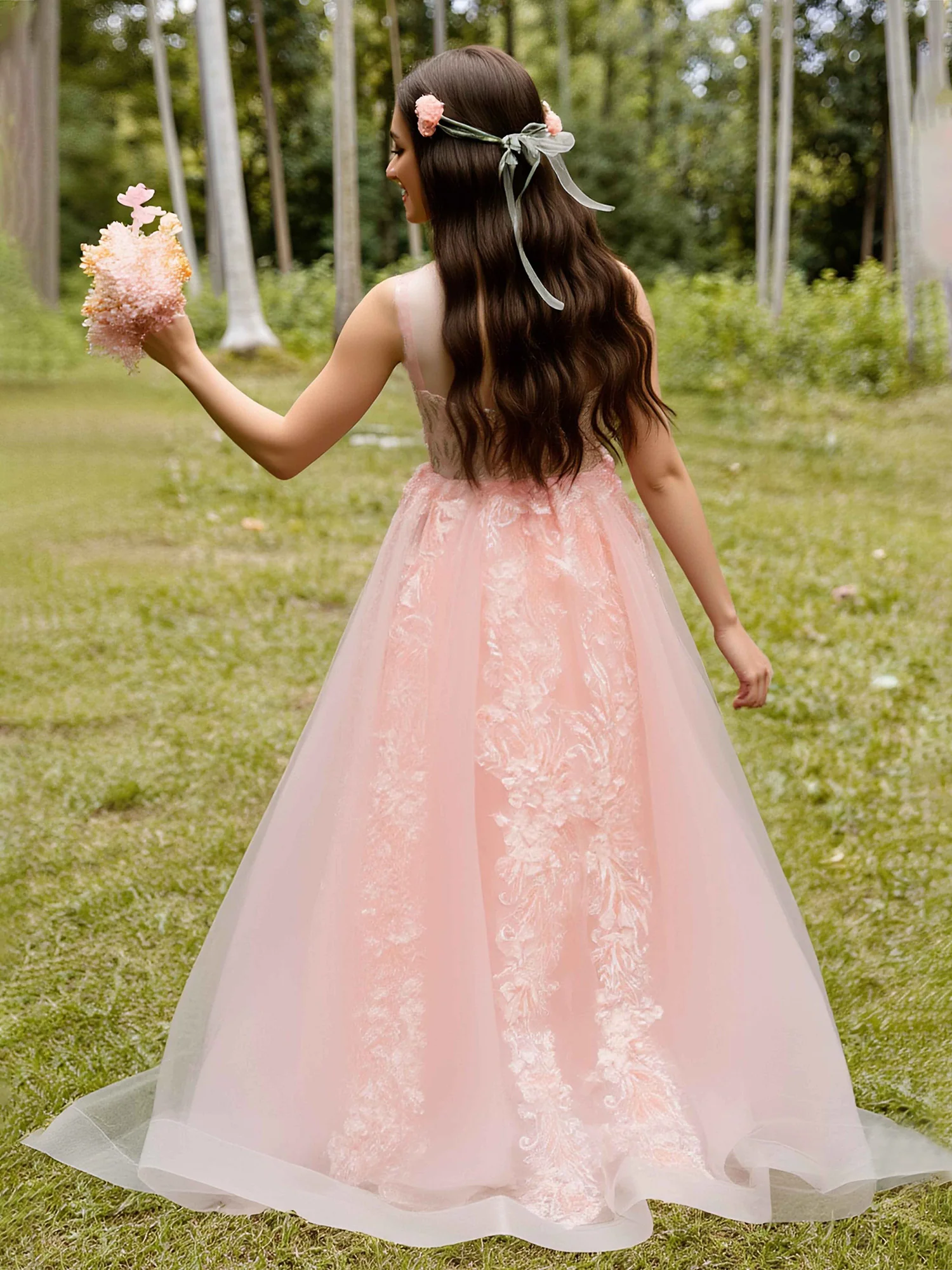 Illusion Neck Lace Applique Tulle Flower Girl Dress Pearl Pink - Image 2