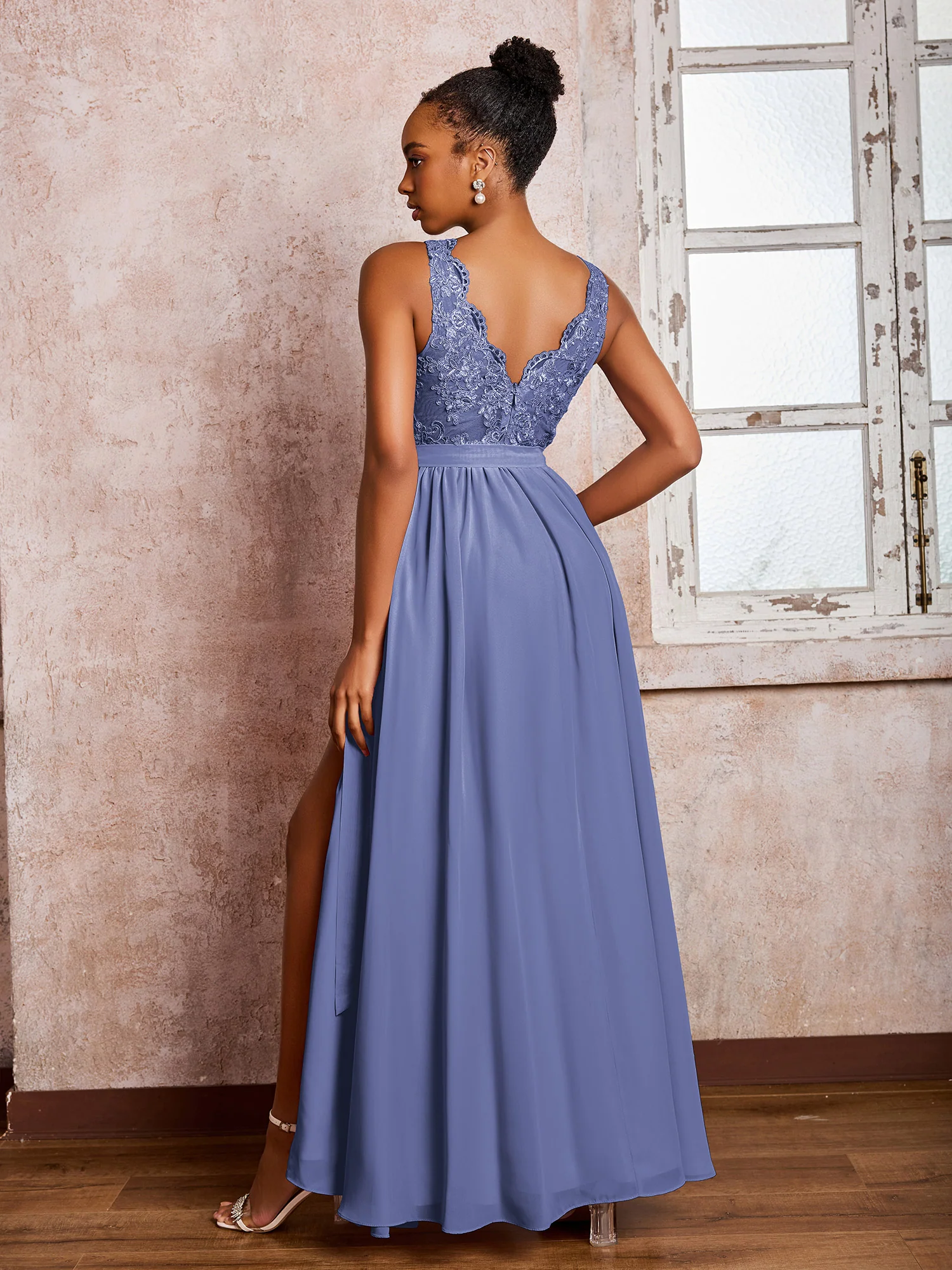 Illusion Neck Lace Top Chiffon Skirt Maxi Dresses with Bow Periwinkle - Image 2