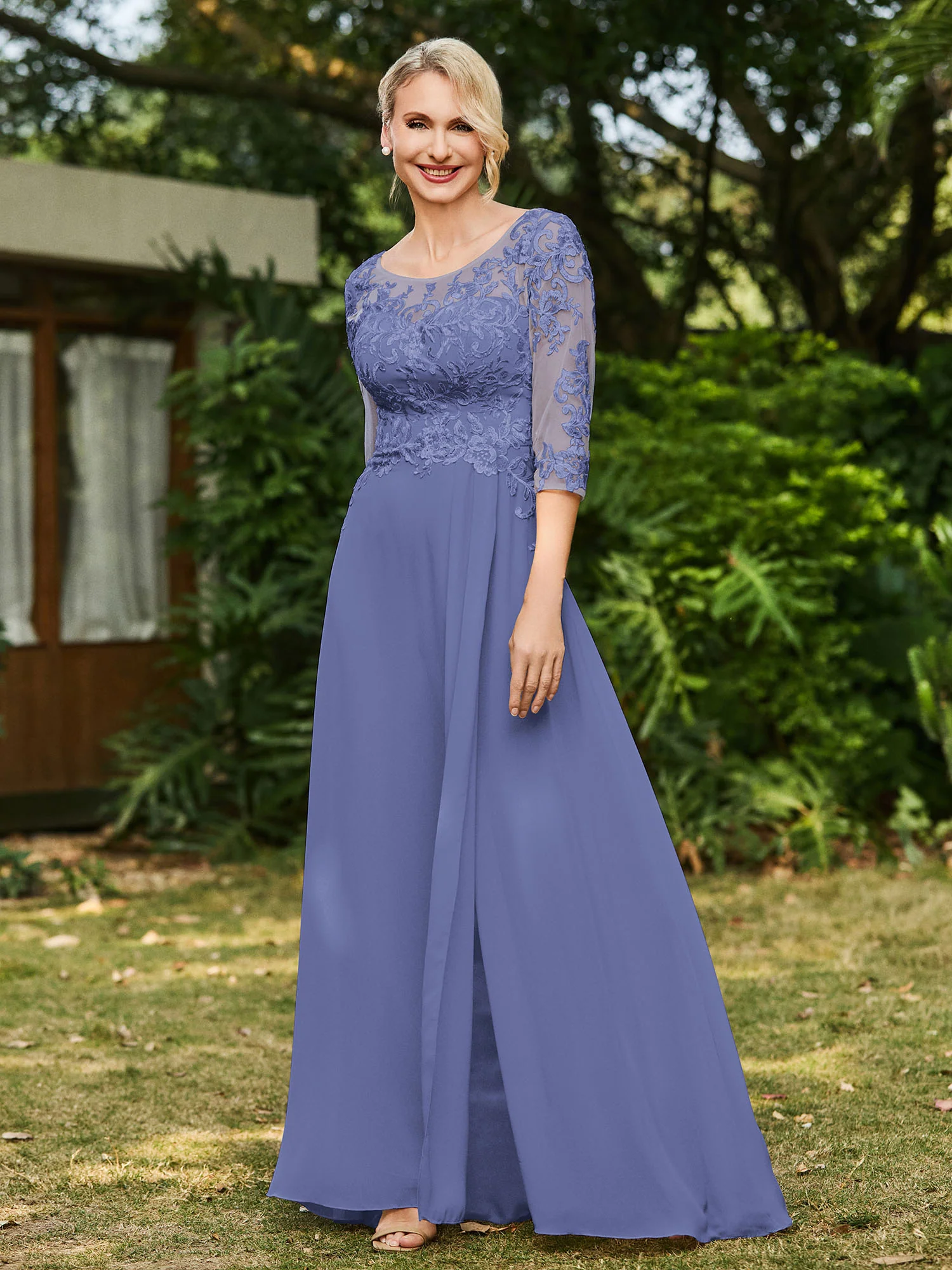 Illusion Neckline Lace Appliqued Jumpsuit Periwinkle - Image 3