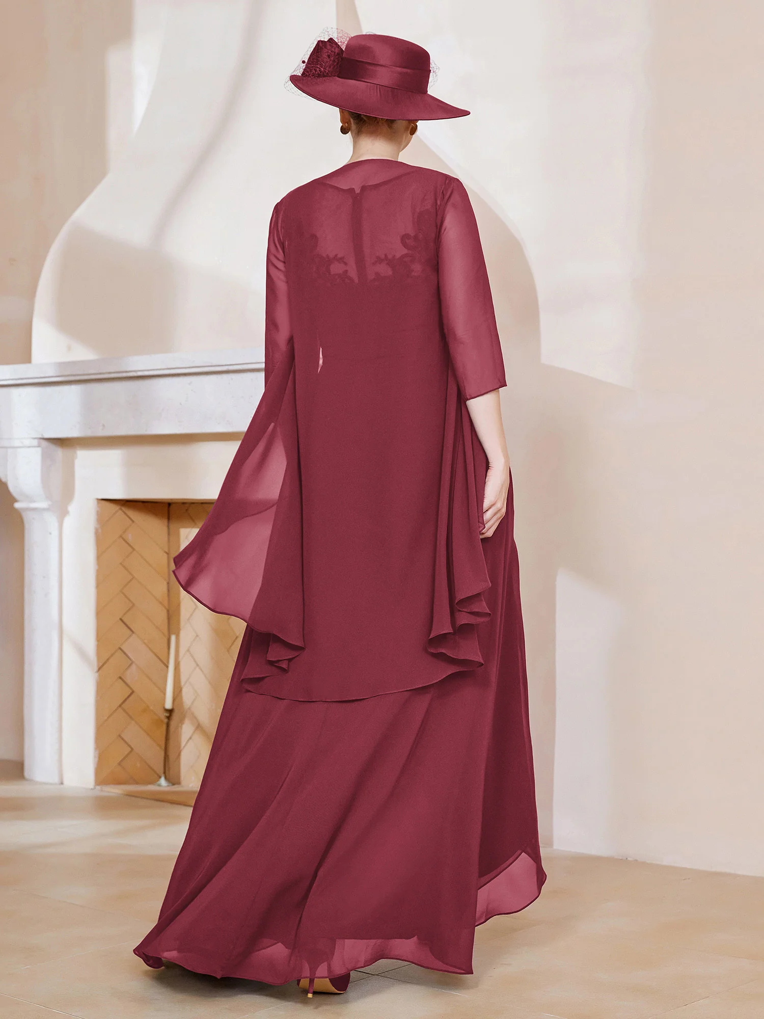 Illusion Neckline Ruffles Dress With Jacket Cinnamon Rose - Image 2
