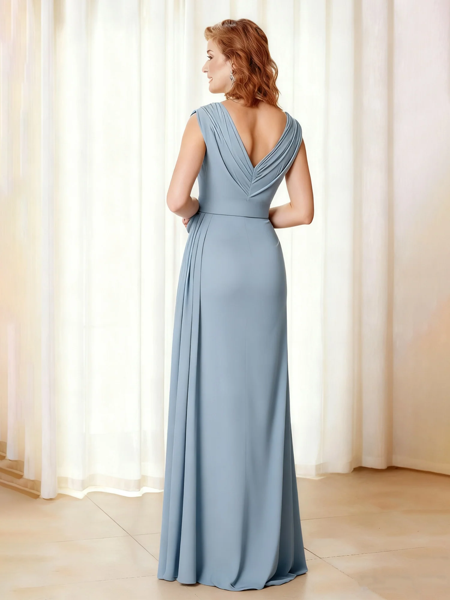 Ruched V-Neck Maxi Gown with High Slit and Cap Sleeves Dusty Blue - Image 2