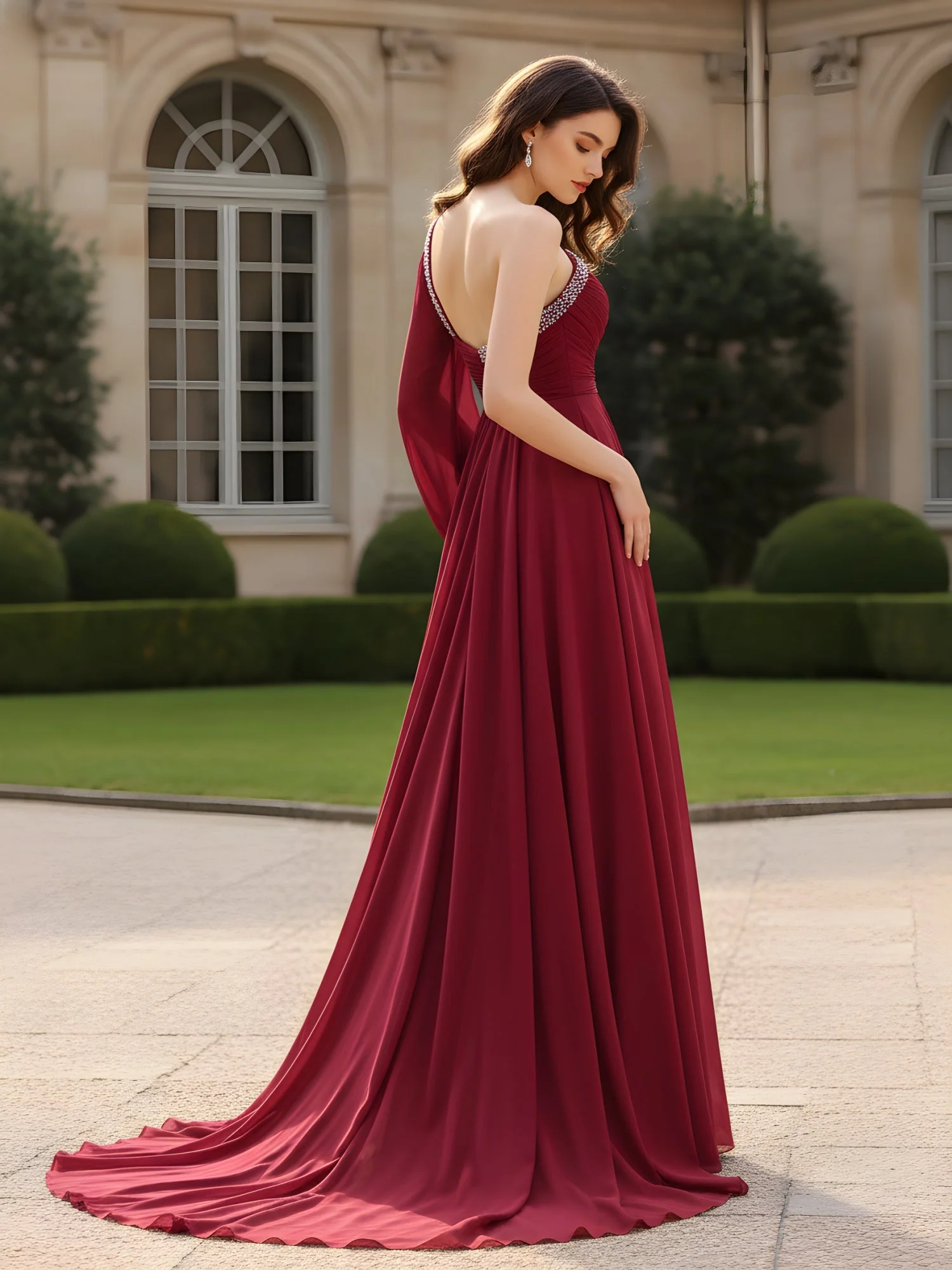 Rhinestone Trim Ruched Bodice A-Line Dress Cabernet - Image 2