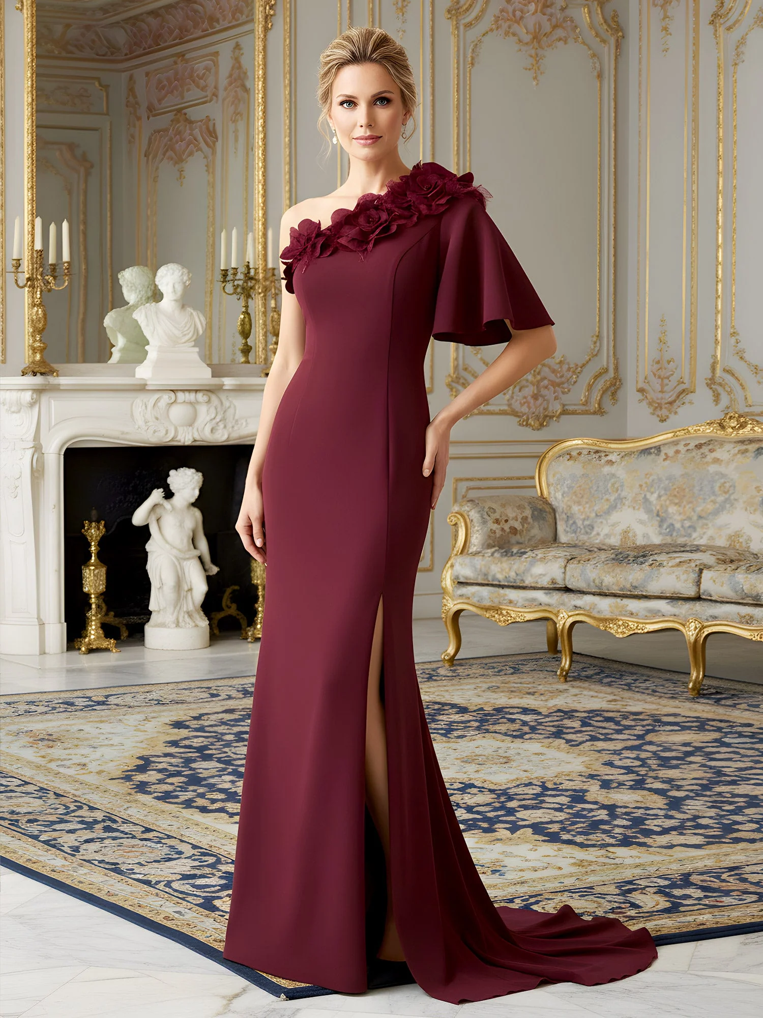 Crepe Fabric Evening Dress featuring Flounced Sleeve Peacock