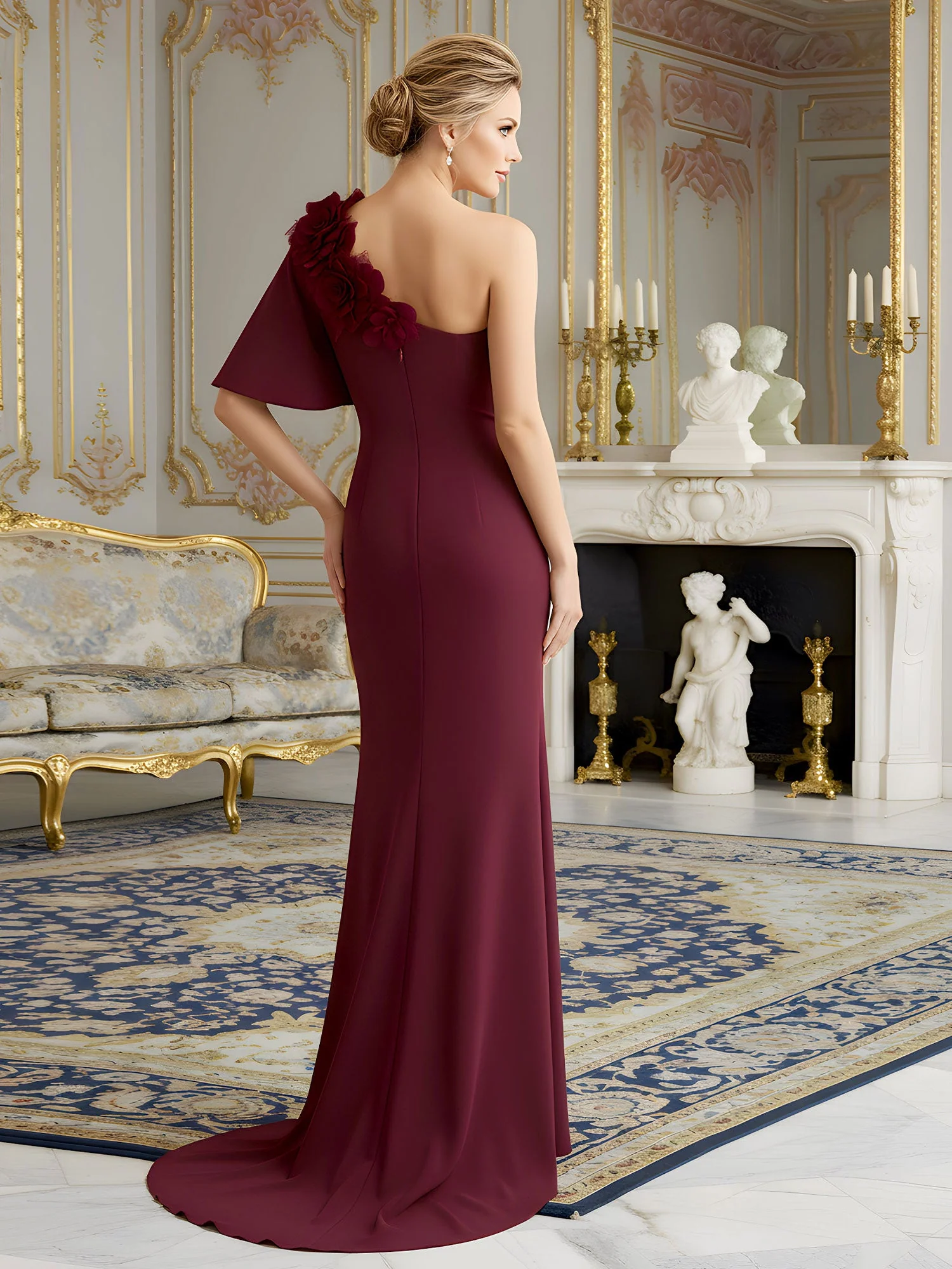 Crepe Fabric Evening Dress featuring Flounced Sleeve Red - Image 2