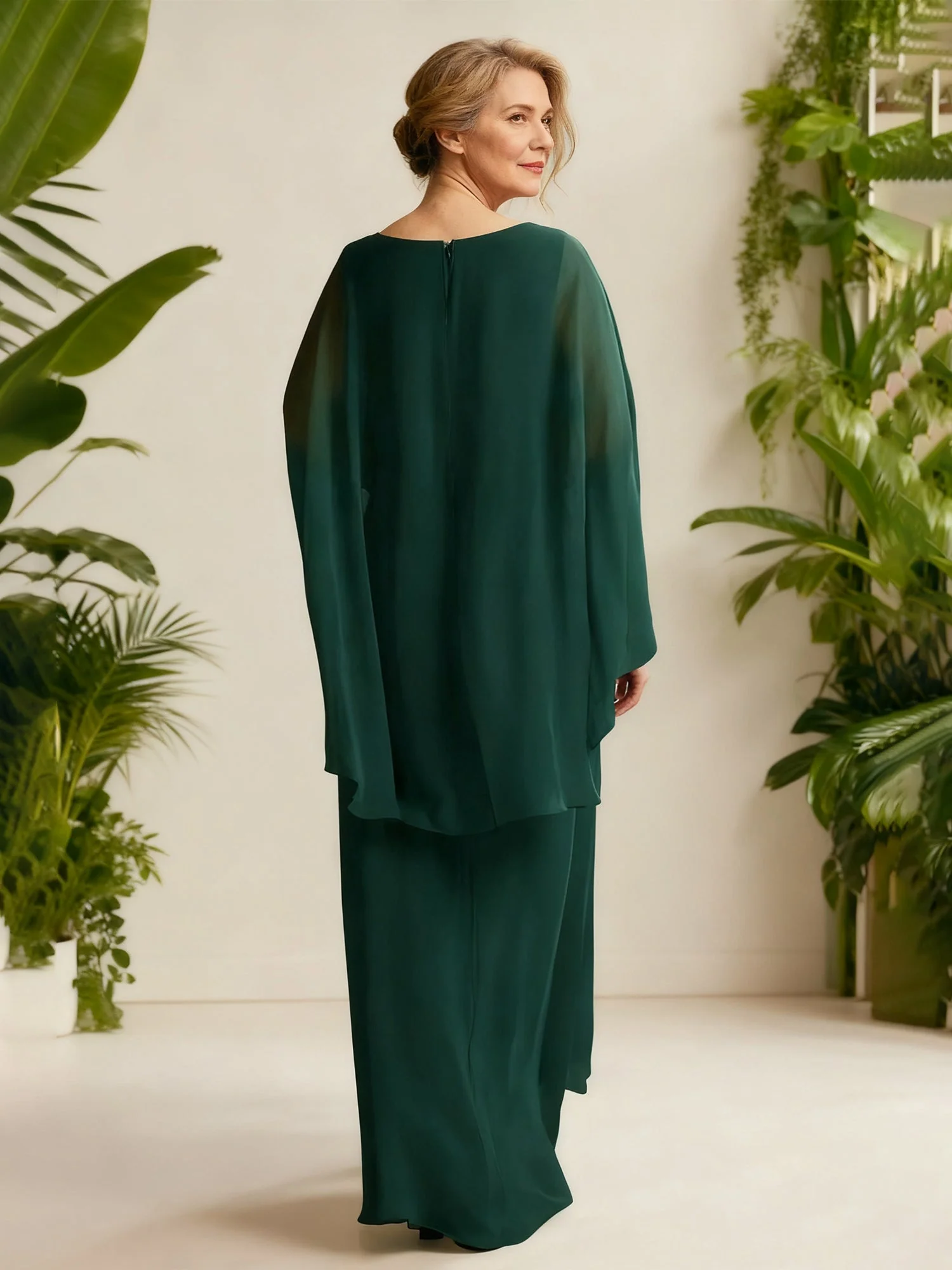 Chiffon Drape V-Neck Gown with Flutter Cape Sleeves Flamingo - Image 2
