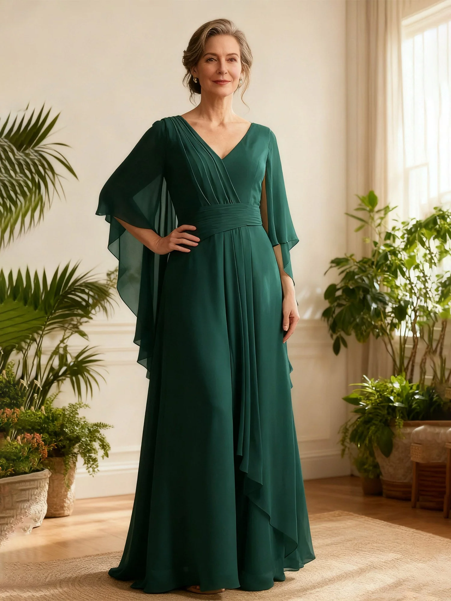 Chiffon Drape V-Neck Gown with Flutter Cape Sleeves Pearl Pink