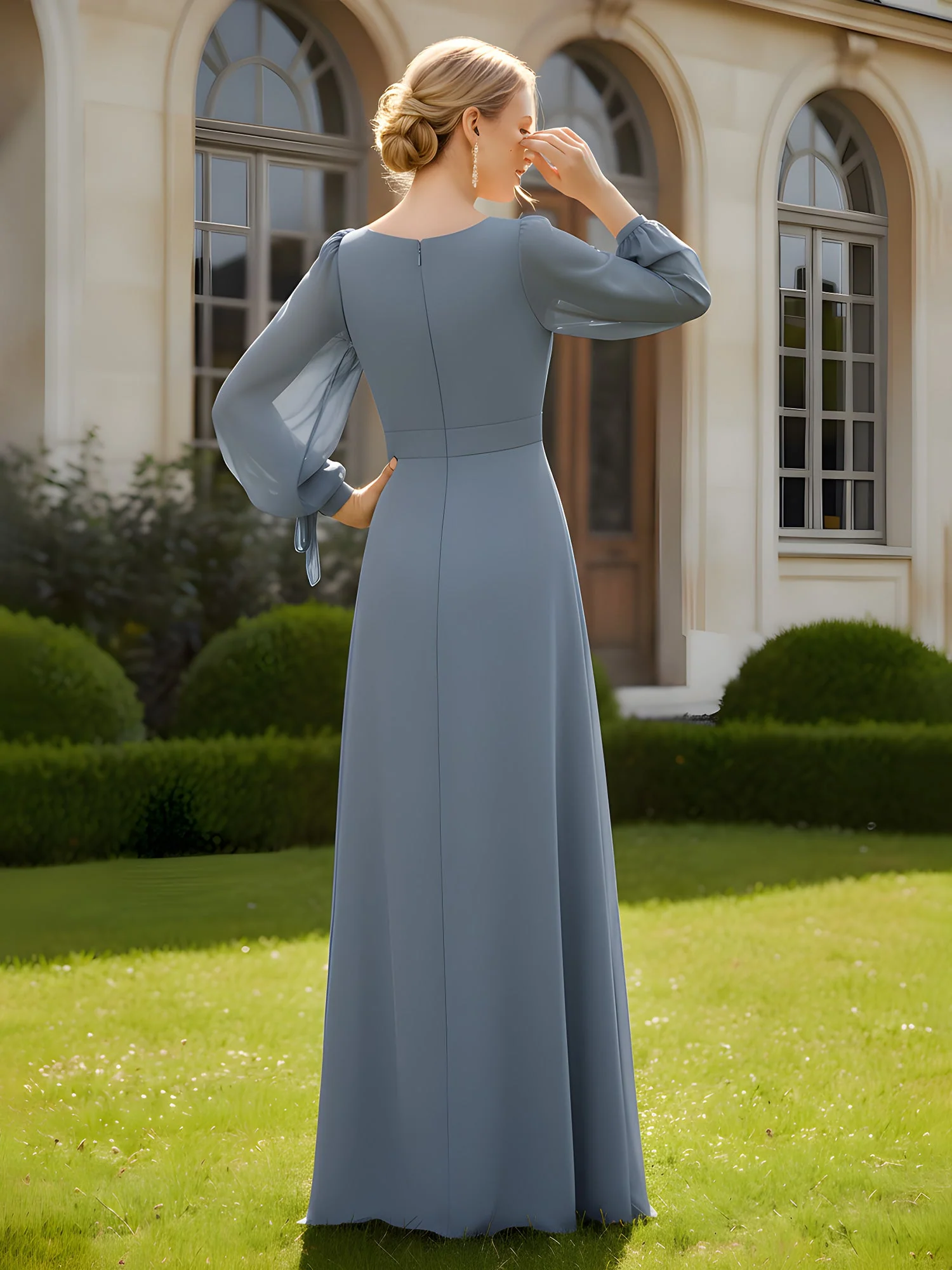 V-Neck Maxi Dress with Slit and Fitted Bodice Sky Blue - Image 2