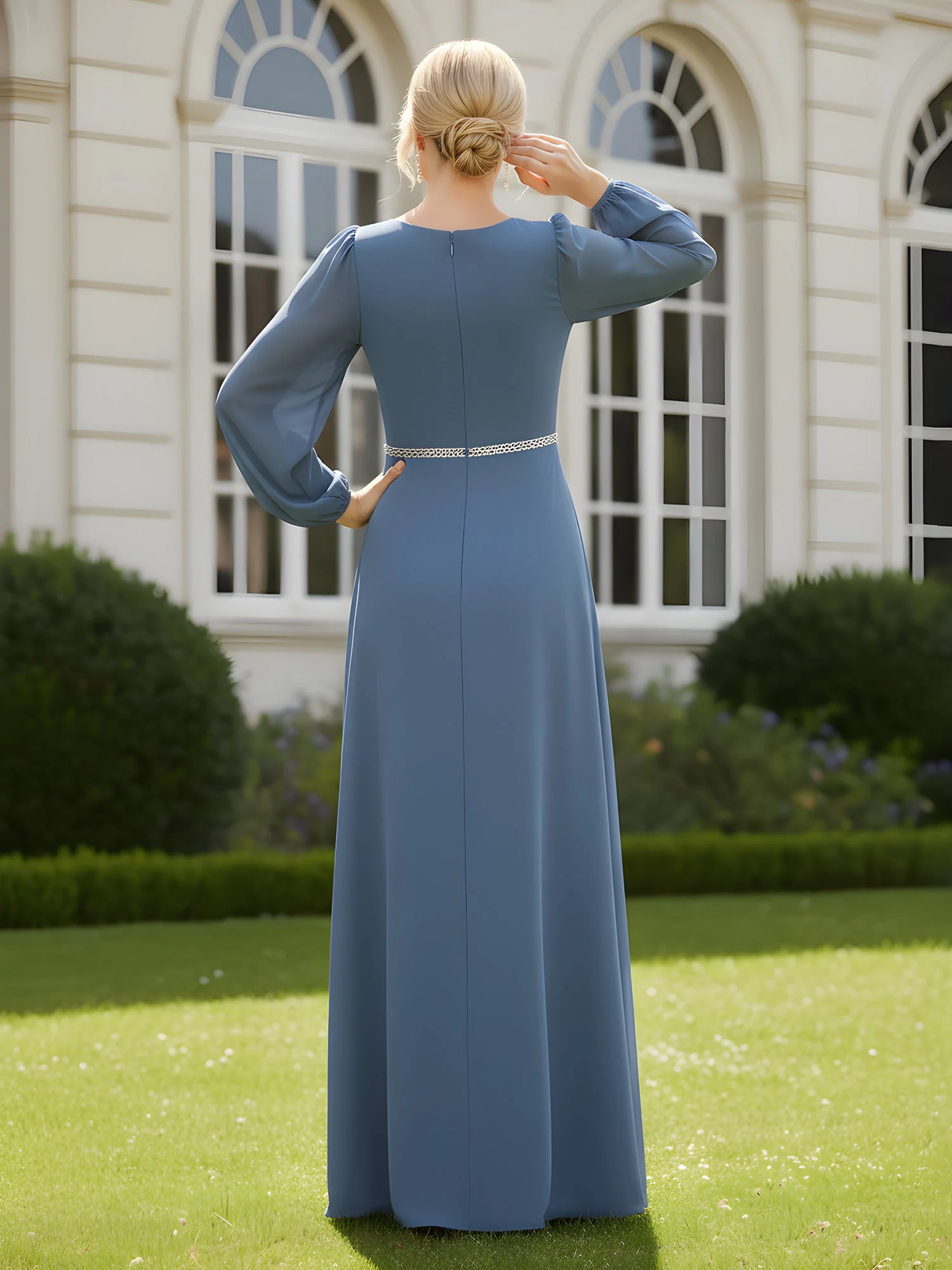 V-Neck Ruched Maxi Dress with Long Sheer Sleeves White - Image 2