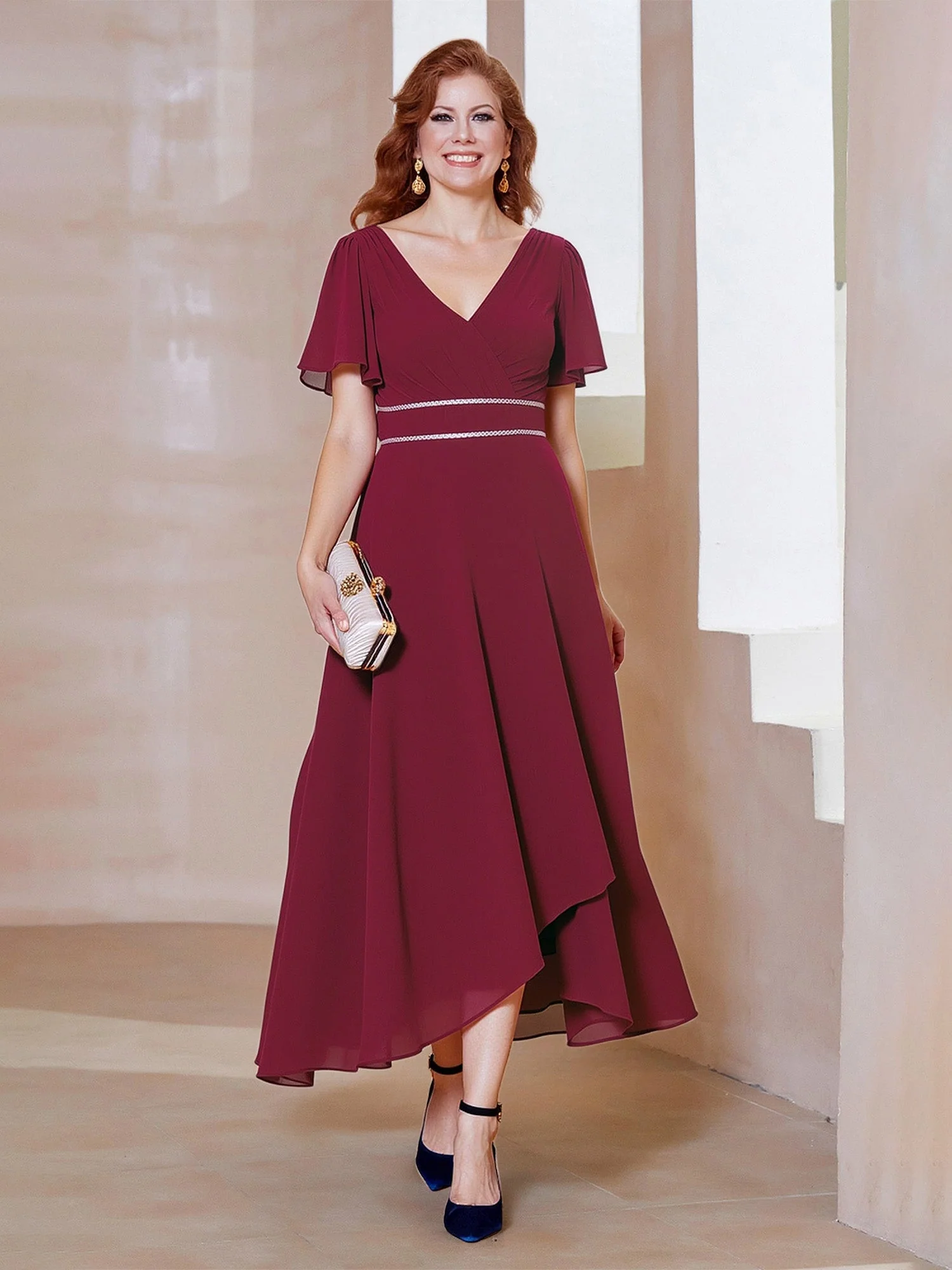 Asymmetrical Hem Cocktail Dress with Beaded Waist Detail Emerald