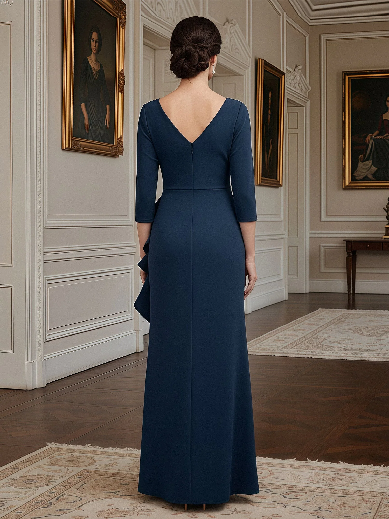 Three-Quarter Sleeve Column Gown with Draped V-Neck Ink Blue - Image 2