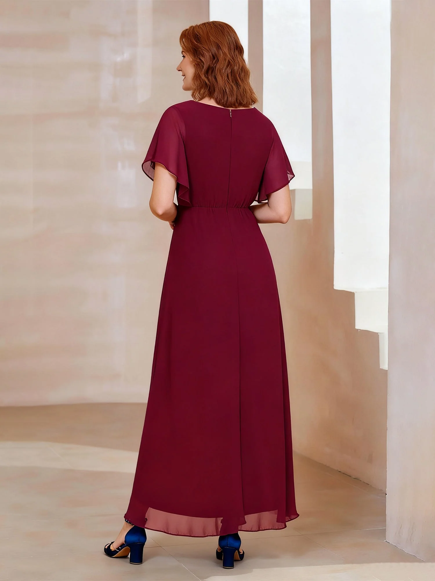 Chiffon High-Low Dress with V-Neck and Beaded Waist Black - Image 2