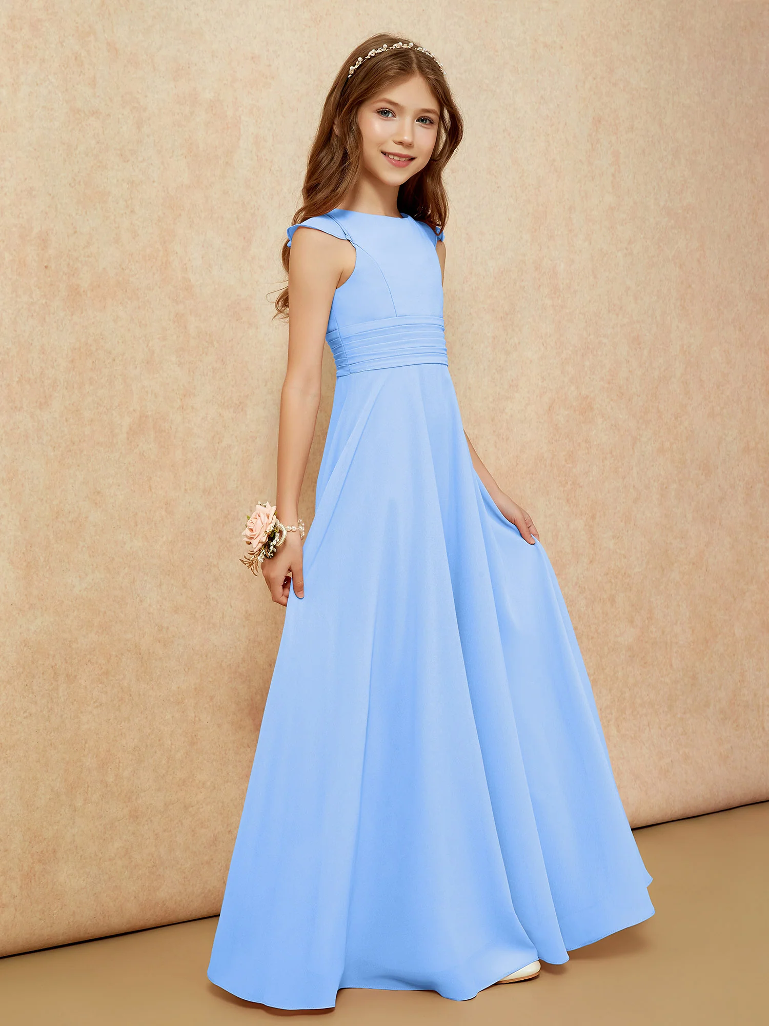 Jewel Neck Flutter Sleeves Chiffon Junior Bridesmaid Dresses Blue - Image 5