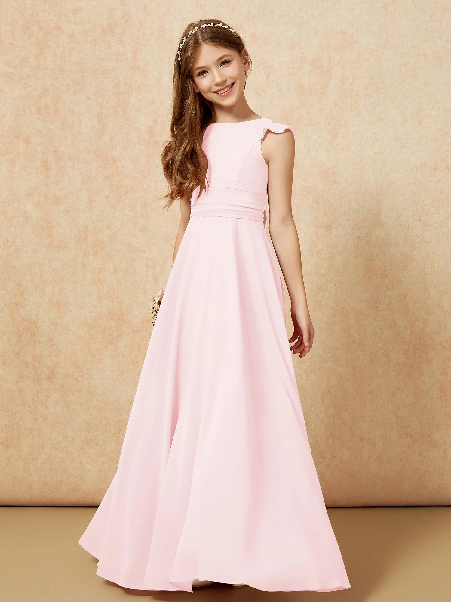 Jewel Neck Flutter Sleeves Chiffon Junior Bridesmaid Dresses Blushing Pink - Image 4