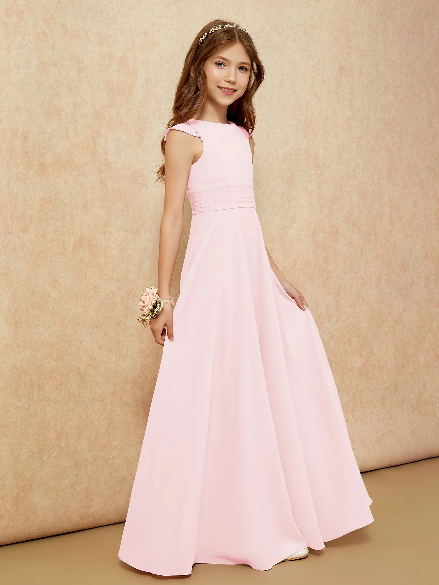 Jewel Neck Flutter Sleeves Chiffon Junior Bridesmaid Dresses Blushing Pink - Image 5