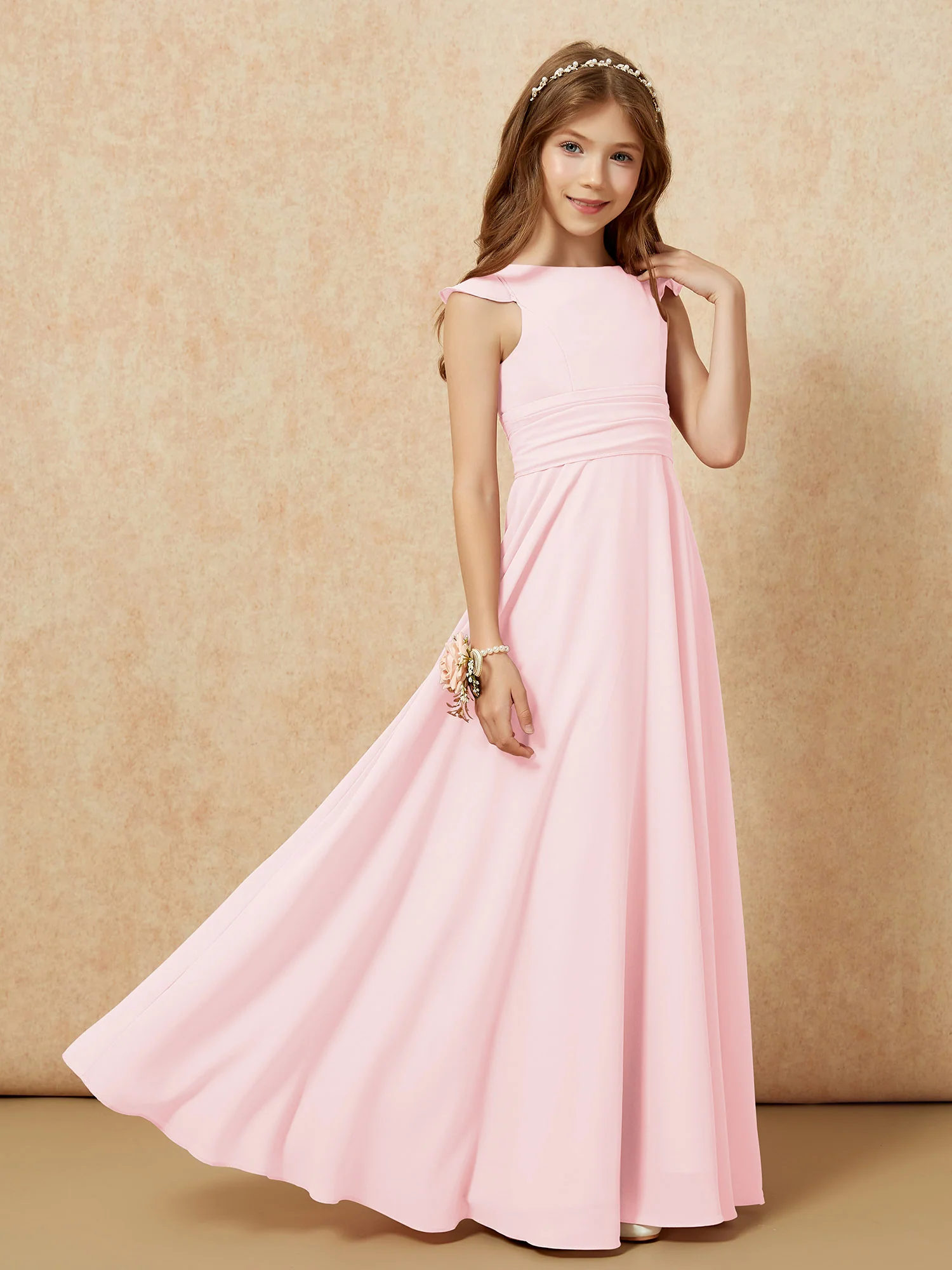Jewel Neck Flutter Sleeves Chiffon Junior Bridesmaid Dresses Blushing Pink - Image 7