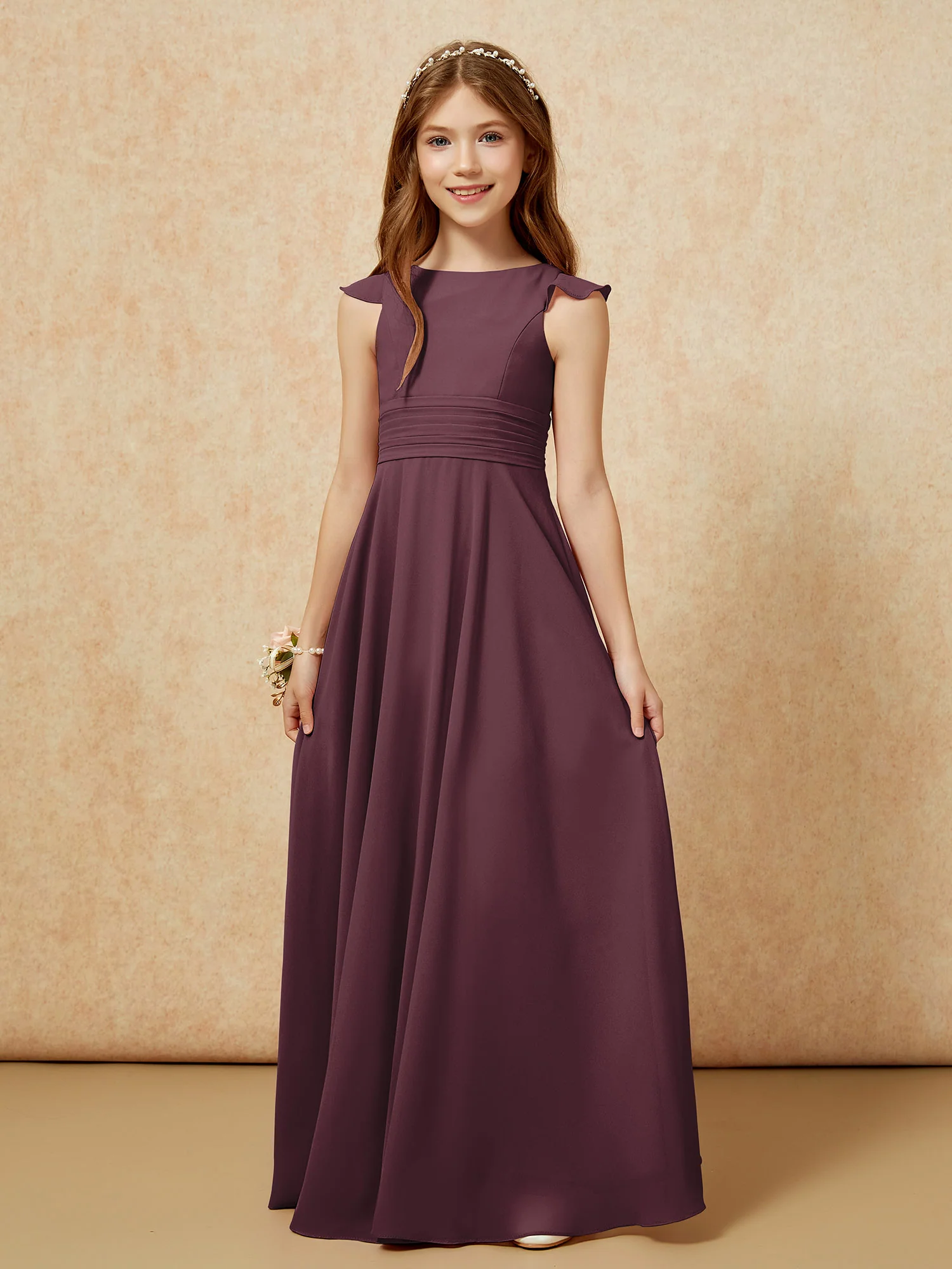 Jewel Neck Flutter Sleeves Chiffon Junior Bridesmaid Dresses Cabernet - Image 6