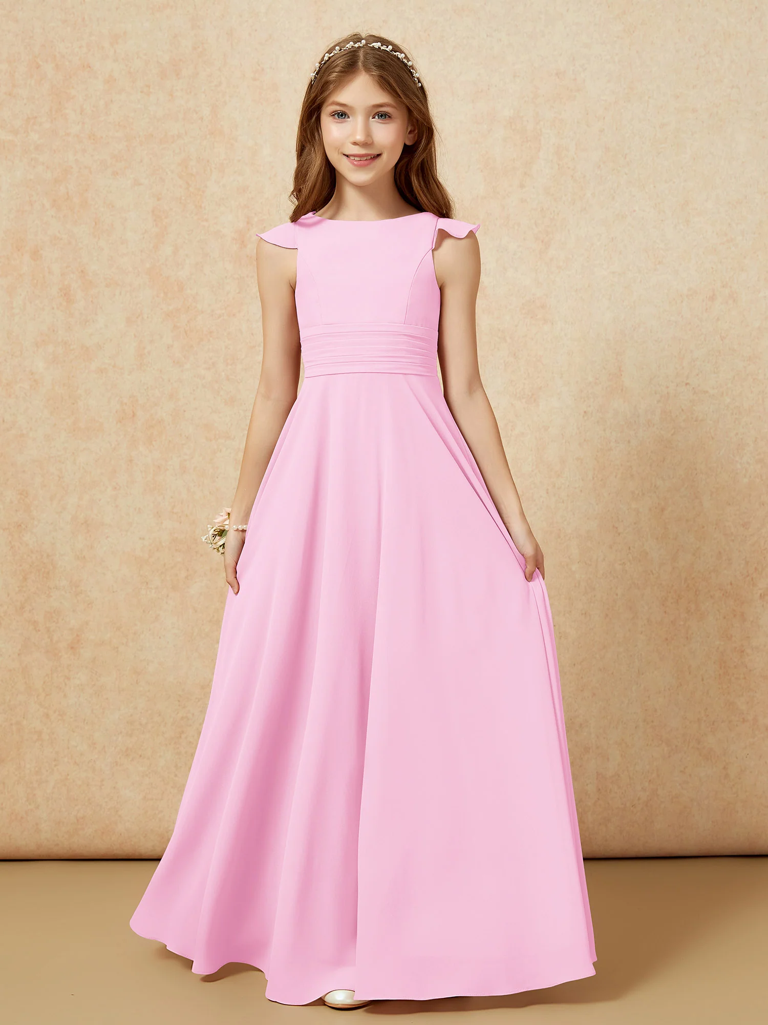 Jewel Neck Flutter Sleeves Chiffon Junior Bridesmaid Dresses Candy Pink