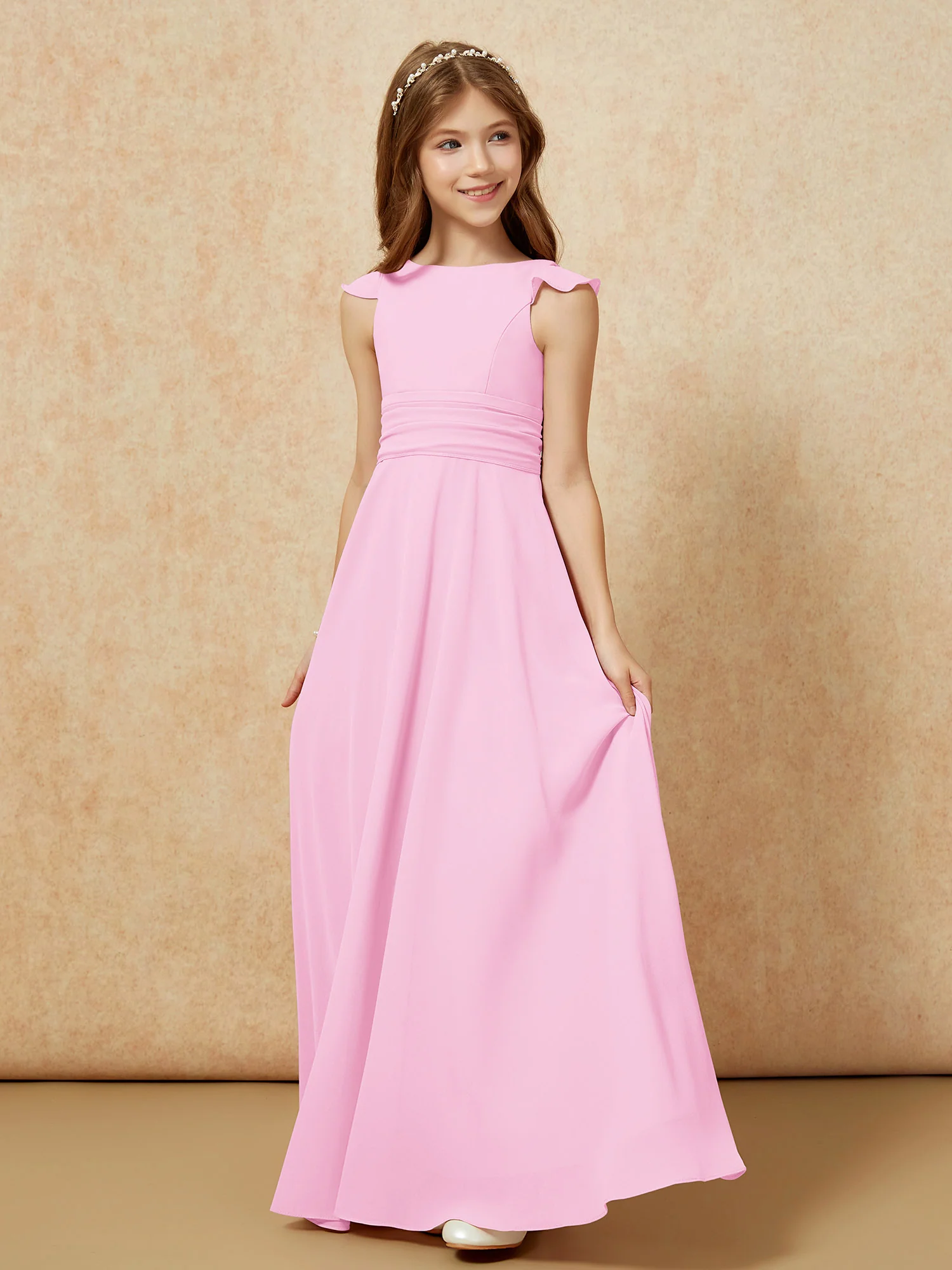 Jewel Neck Flutter Sleeves Chiffon Junior Bridesmaid Dresses Candy Pink - Image 3