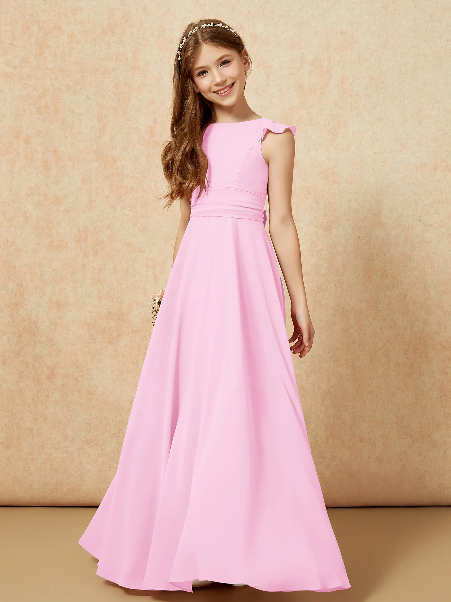 Jewel Neck Flutter Sleeves Chiffon Junior Bridesmaid Dresses Candy Pink - Image 4