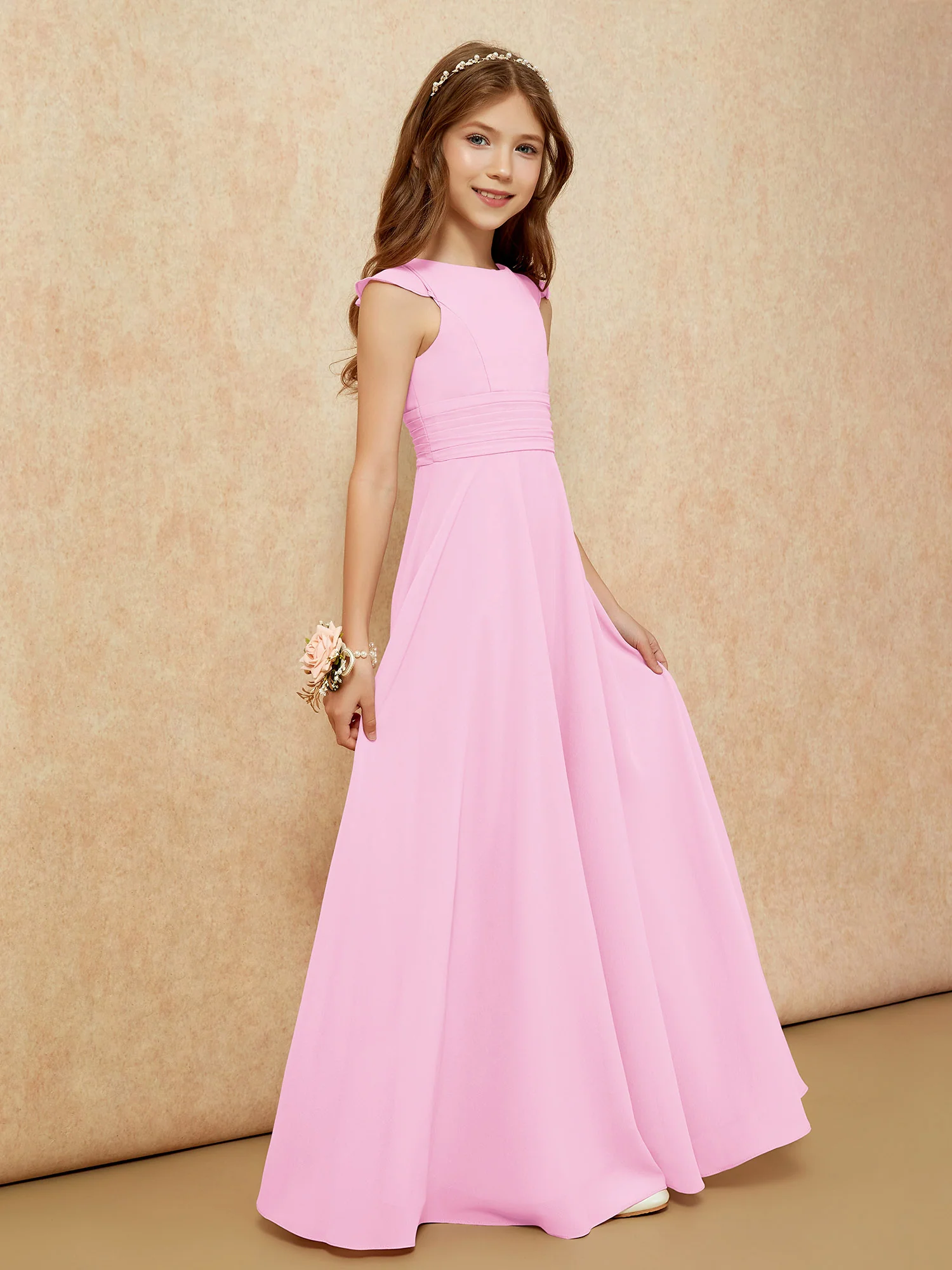 Jewel Neck Flutter Sleeves Chiffon Junior Bridesmaid Dresses Candy Pink - Image 5
