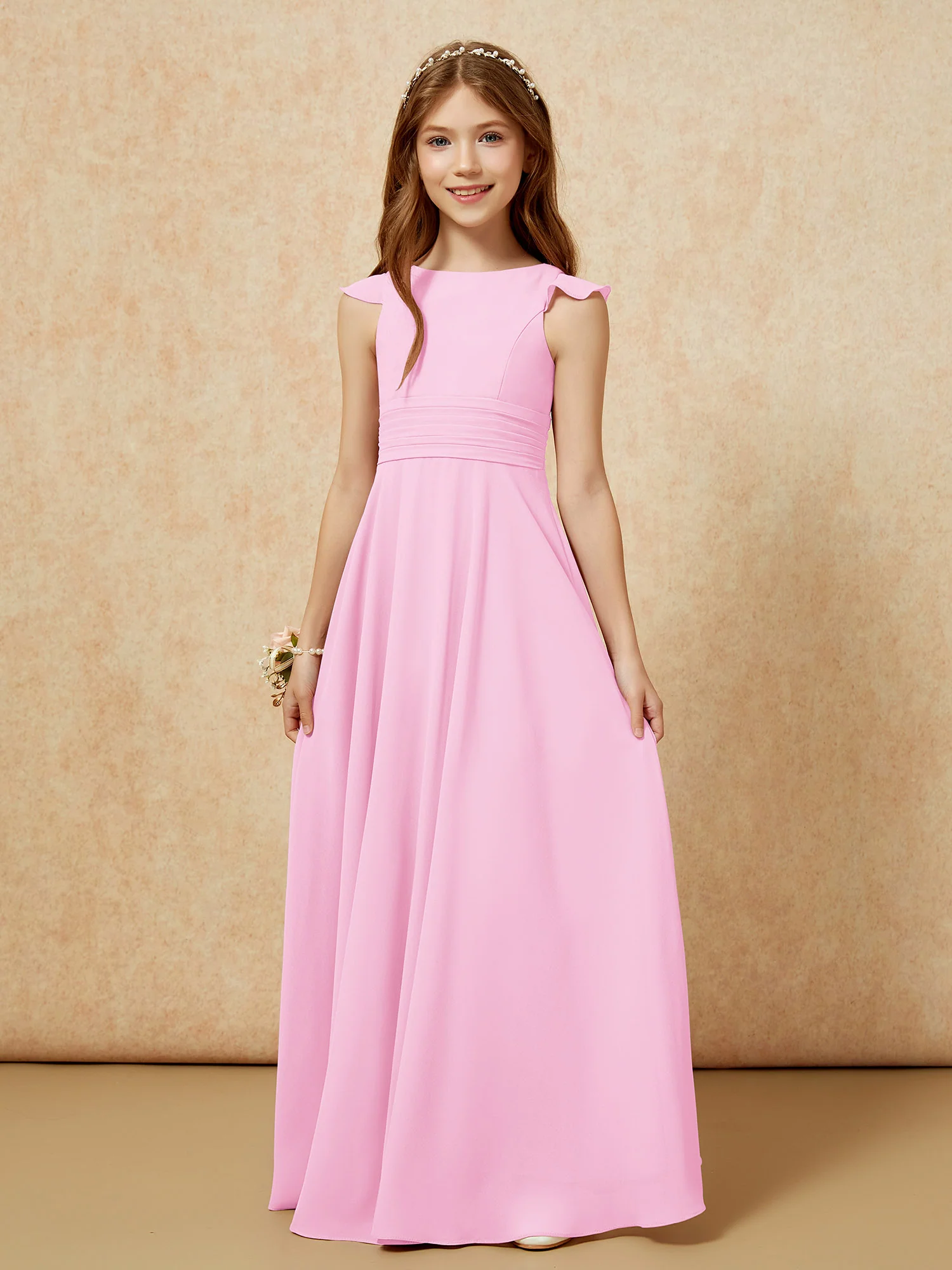 Jewel Neck Flutter Sleeves Chiffon Junior Bridesmaid Dresses Candy Pink - Image 6