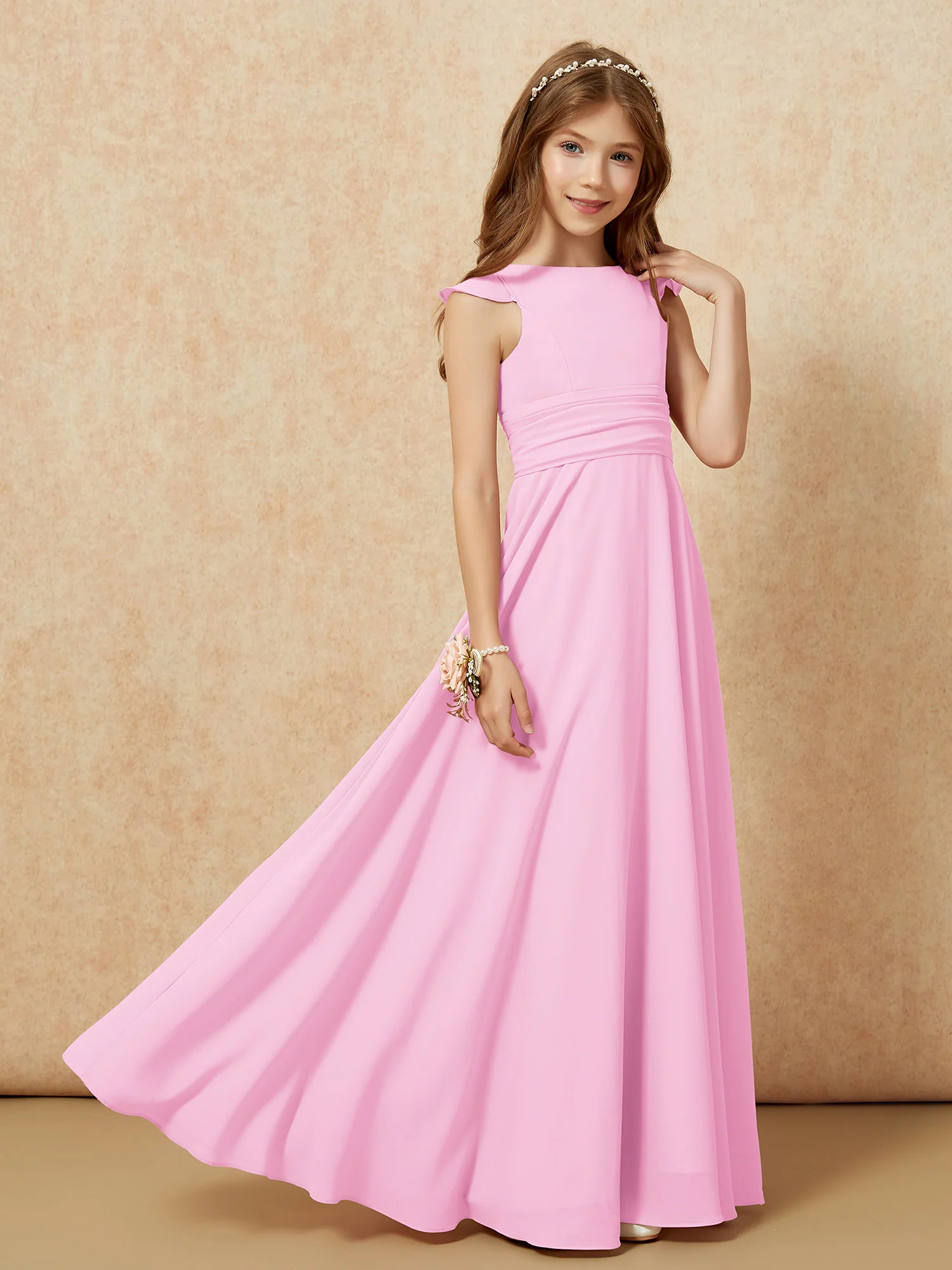Jewel Neck Flutter Sleeves Chiffon Junior Bridesmaid Dresses Candy Pink - Image 7
