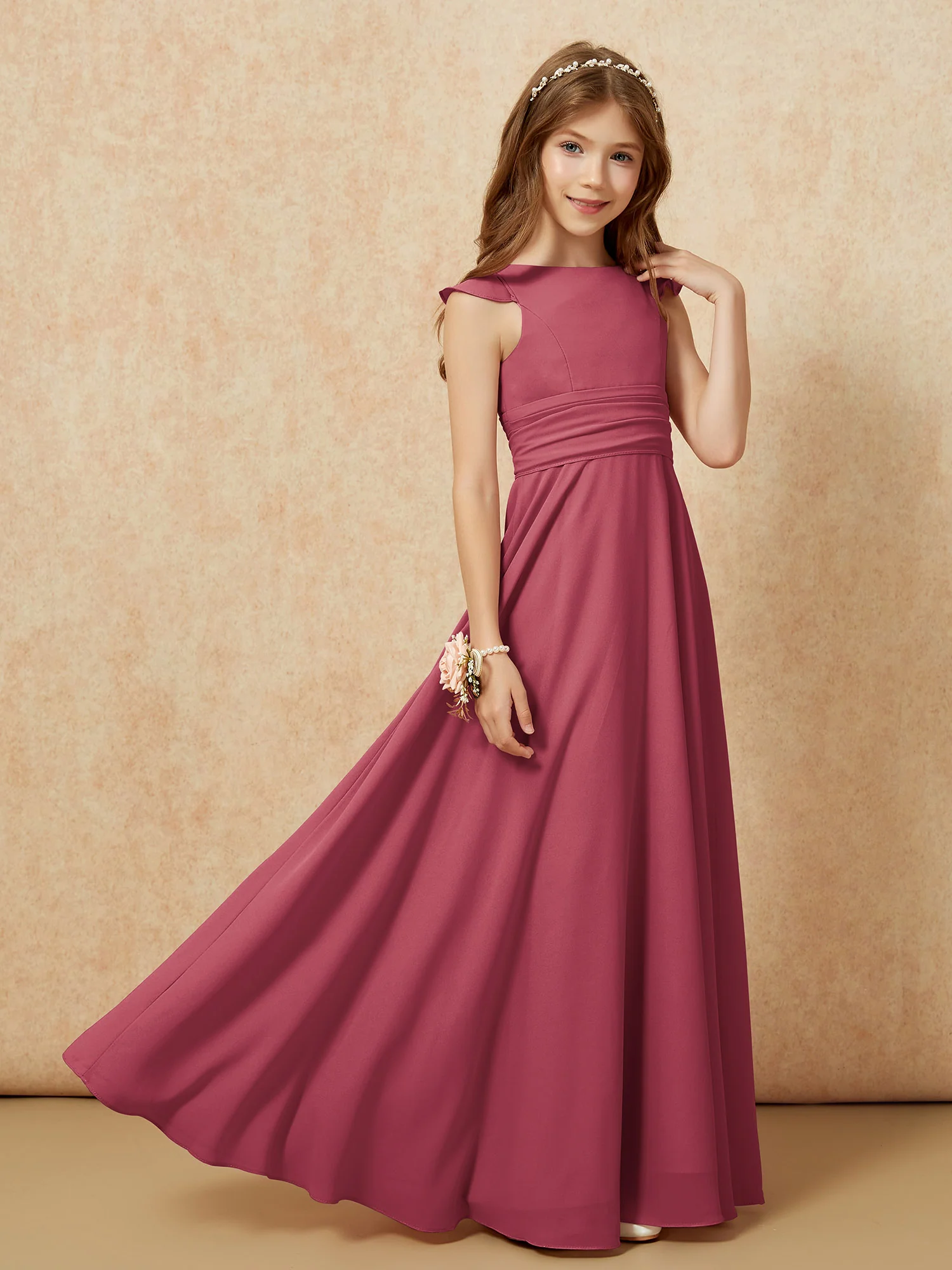 Jewel Neck Flutter Sleeves Chiffon Junior Bridesmaid Dresses Cinnamon Rose - Image 7