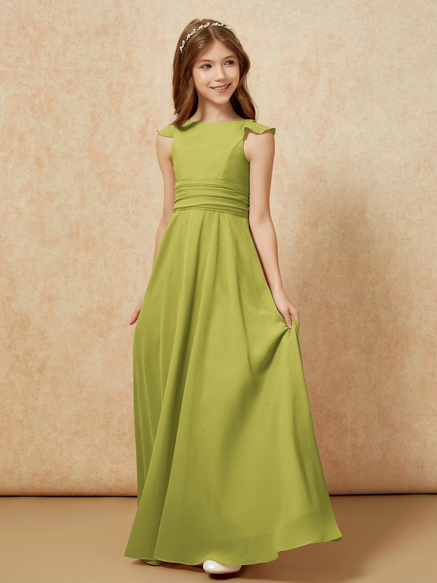 Jewel Neck Flutter Sleeves Chiffon Junior Bridesmaid Dresses Clover - Image 3