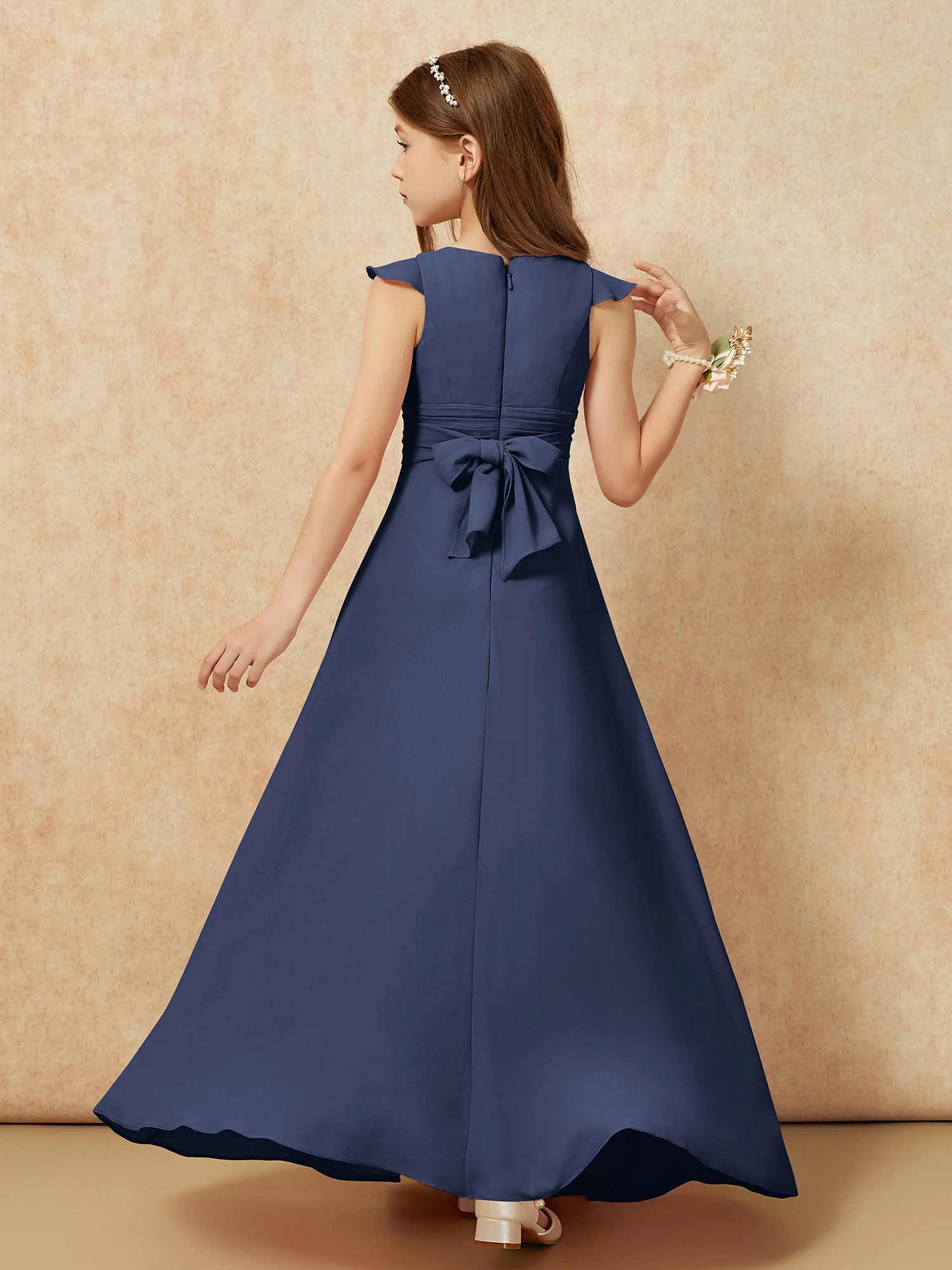 Jewel Neck Flutter Sleeves Chiffon Junior Bridesmaid Dresses Dark Navy - Image 2