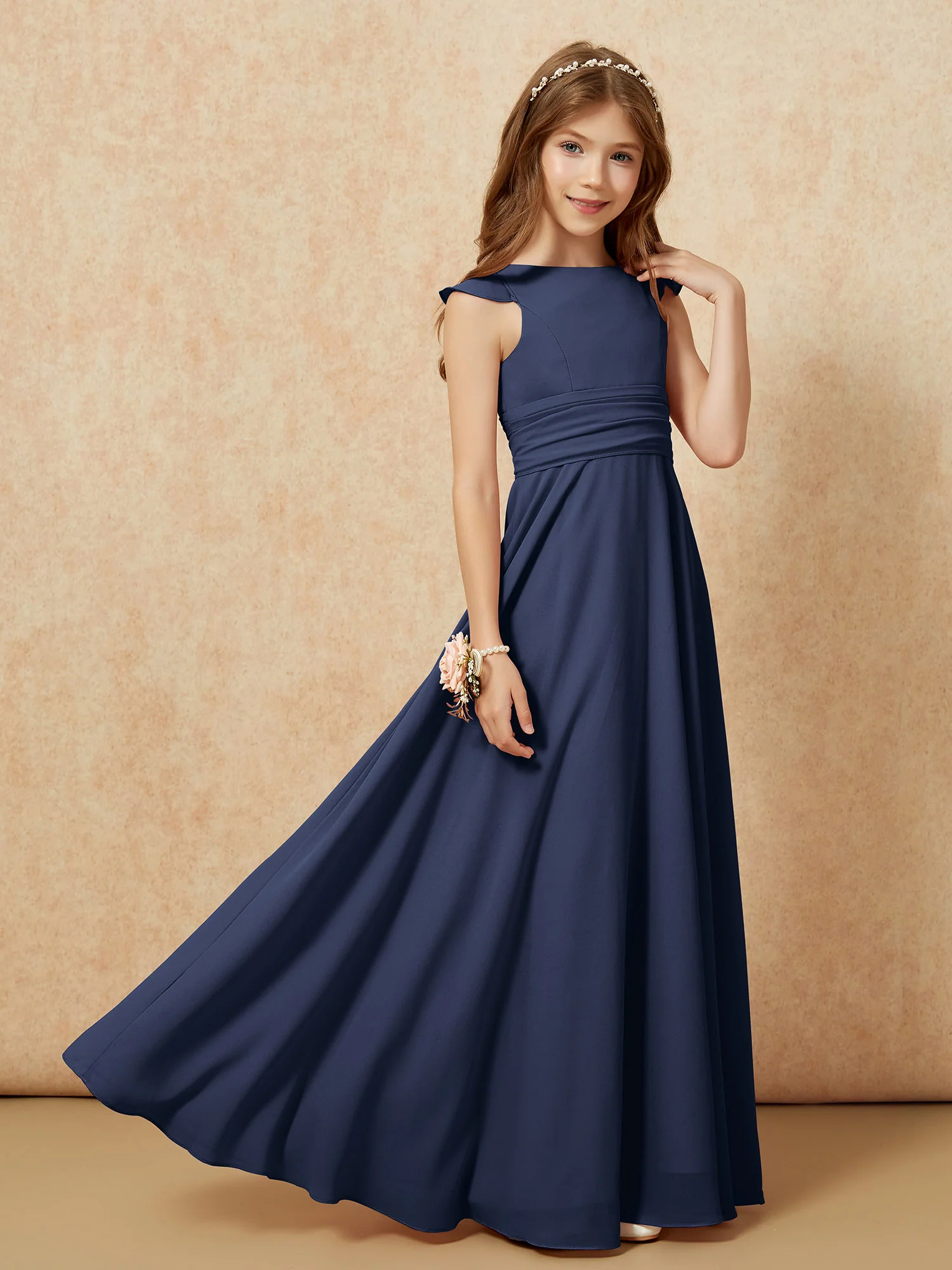 Jewel Neck Flutter Sleeves Chiffon Junior Bridesmaid Dresses Dark Navy - Image 7