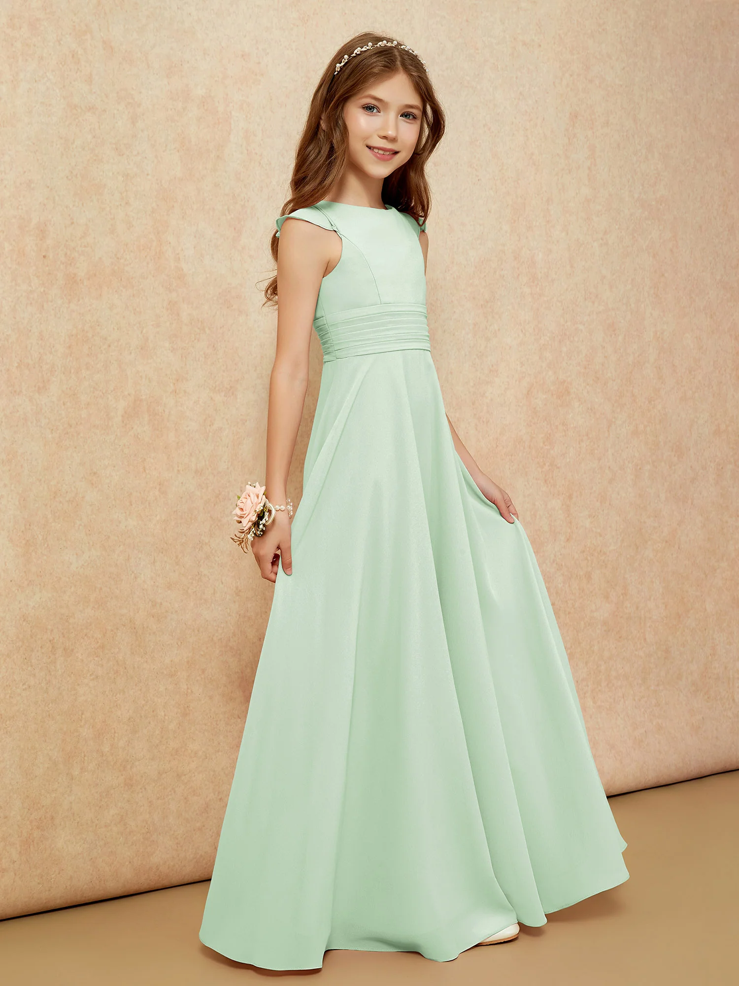 Jewel Neck Flutter Sleeves Chiffon Junior Bridesmaid Dresses Dusty Sage - Image 5