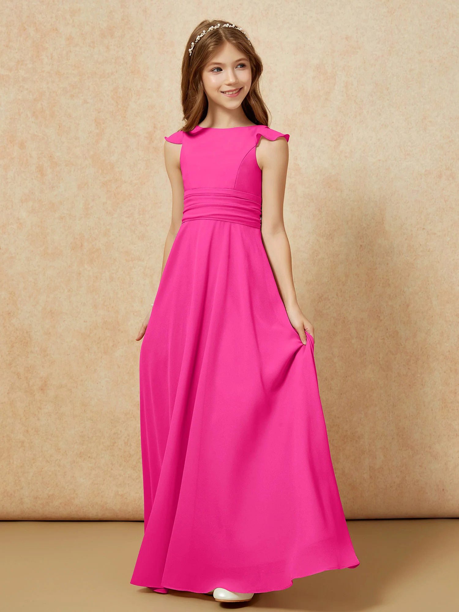 Jewel Neck Flutter Sleeves Chiffon Junior Bridesmaid Dresses Fuchsia - Image 3