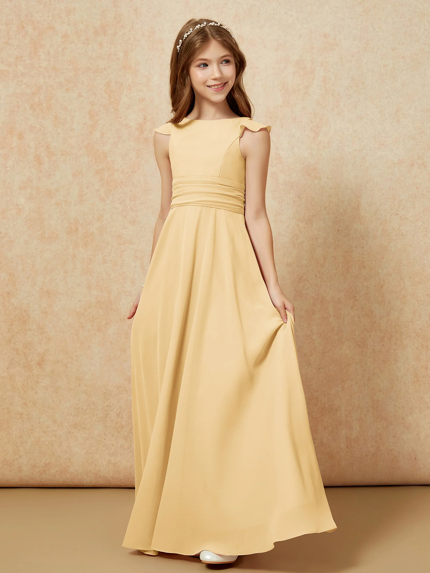 Jewel Neck Flutter Sleeves Chiffon Junior Bridesmaid Dresses Gold - Image 3