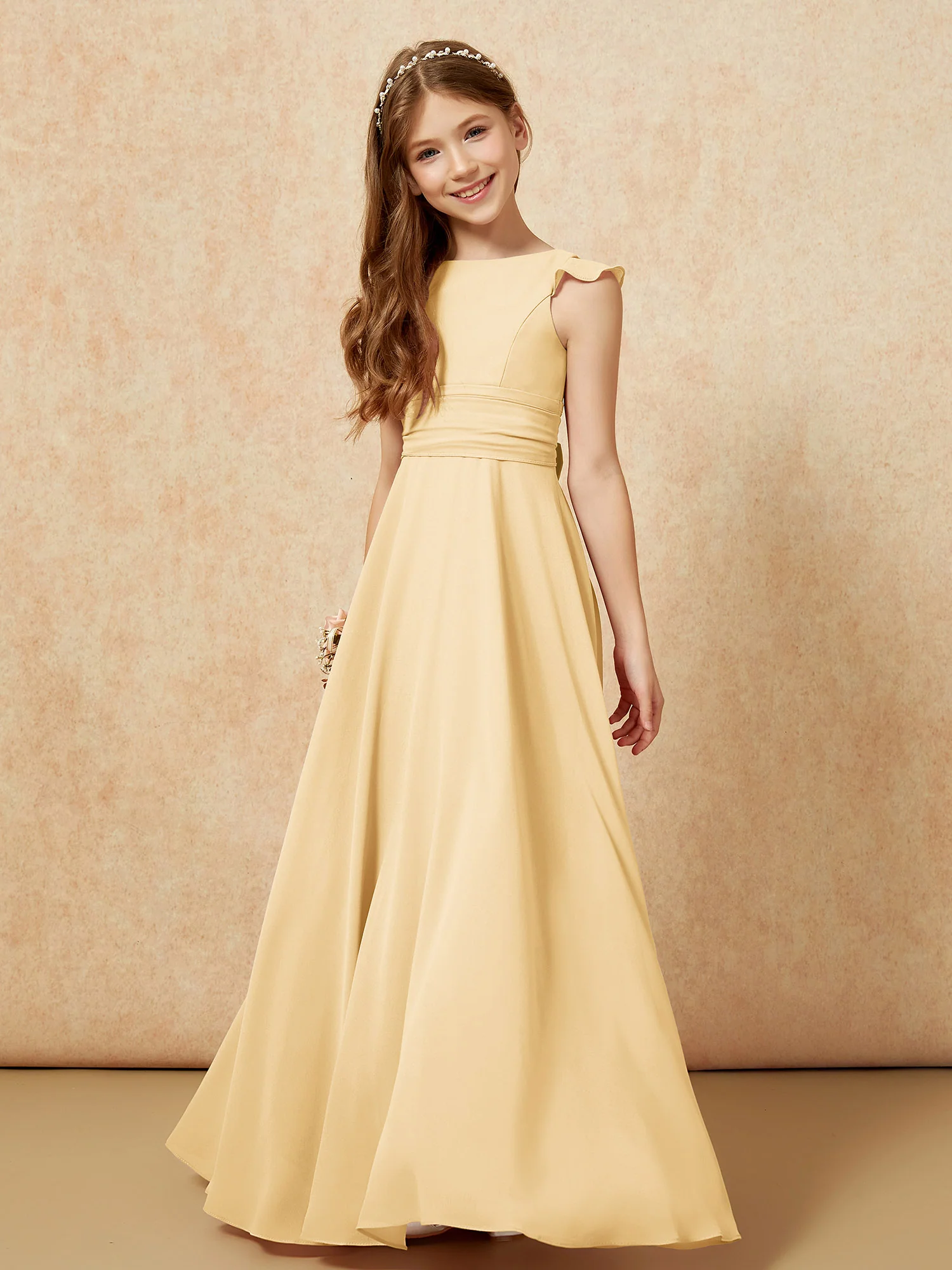 Jewel Neck Flutter Sleeves Chiffon Junior Bridesmaid Dresses Gold - Image 4