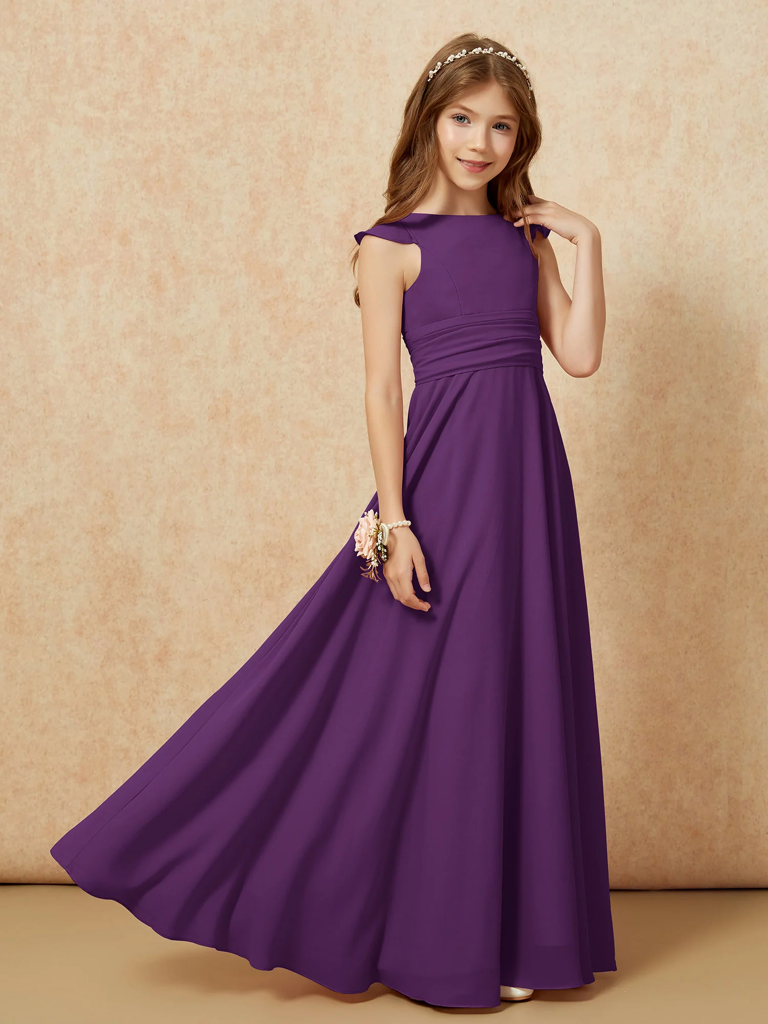 Jewel Neck Flutter Sleeves Chiffon Junior Bridesmaid Dresses Grape - Image 7