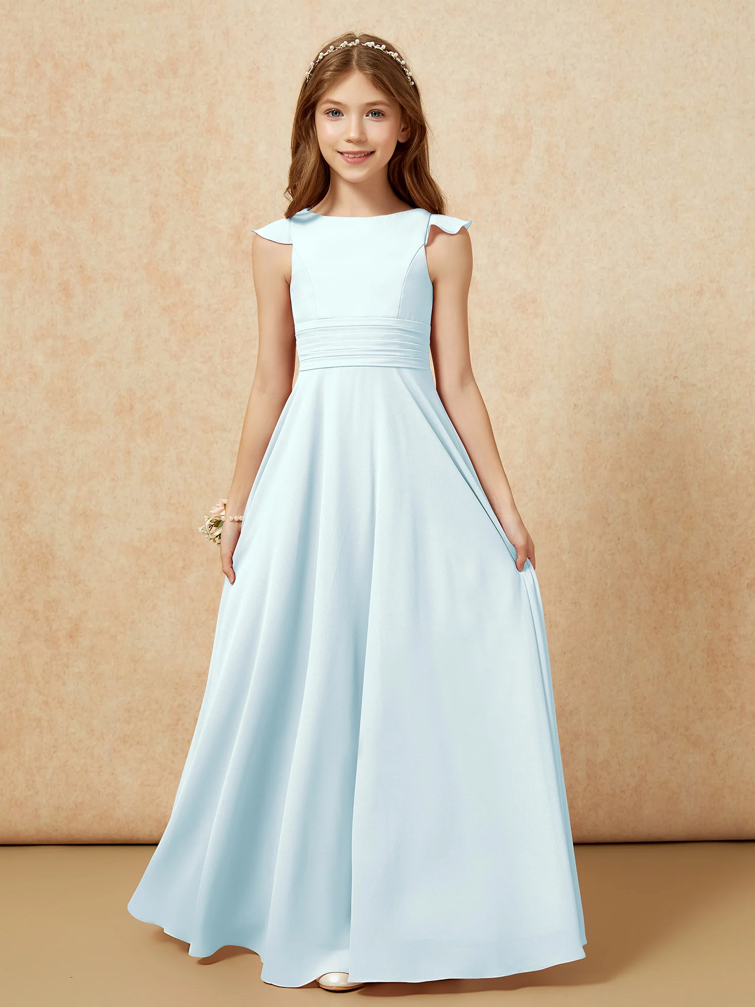 Jewel Neck Flutter Sleeves Chiffon Junior Bridesmaid Dresses Mist