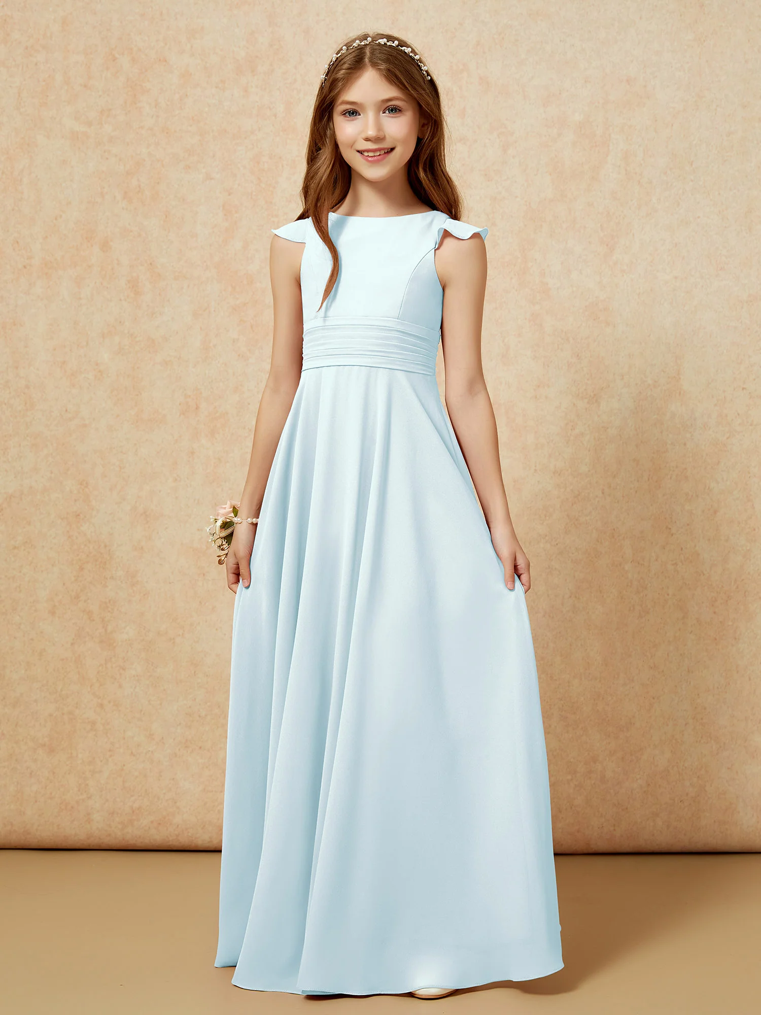 Jewel Neck Flutter Sleeves Chiffon Junior Bridesmaid Dresses Mist - Image 6
