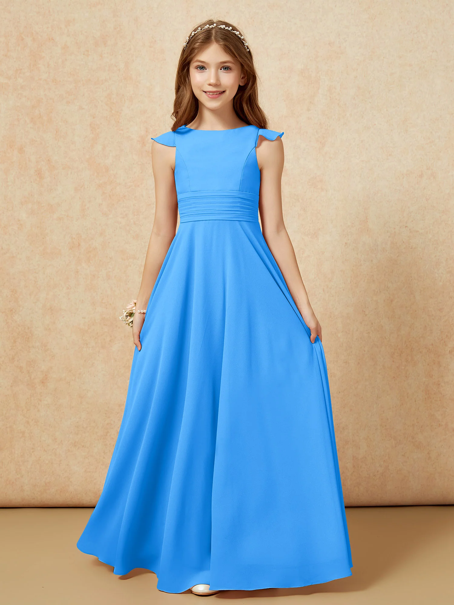 Jewel Neck Flutter Sleeves Chiffon Junior Bridesmaid Dresses Ocean Blue