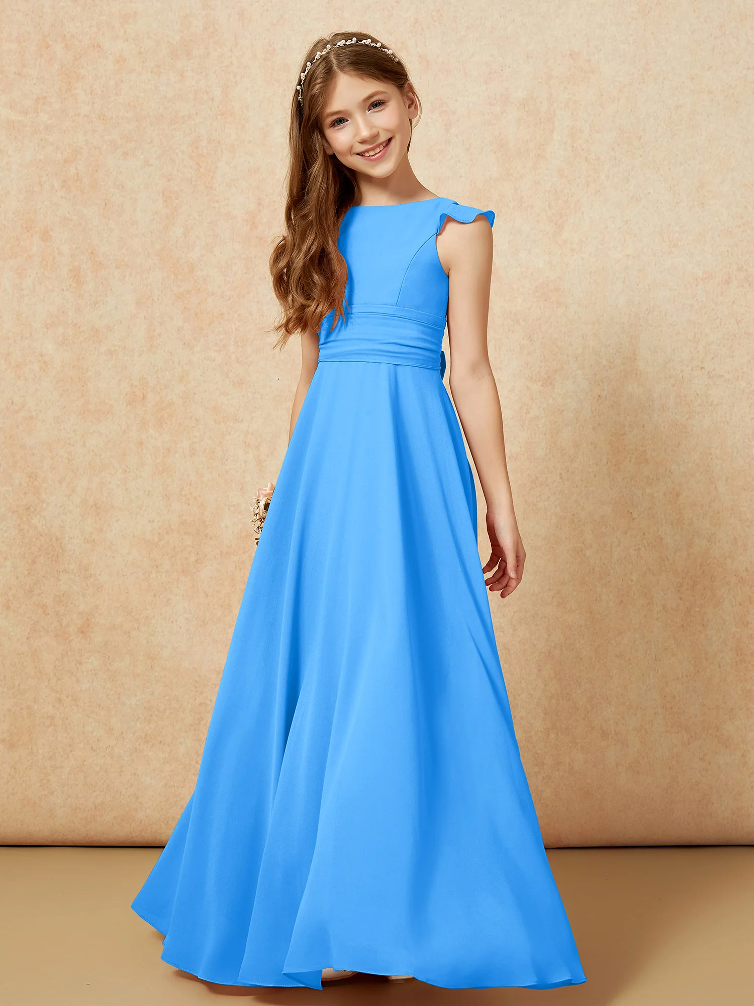 Jewel Neck Flutter Sleeves Chiffon Junior Bridesmaid Dresses Ocean Blue - Image 4