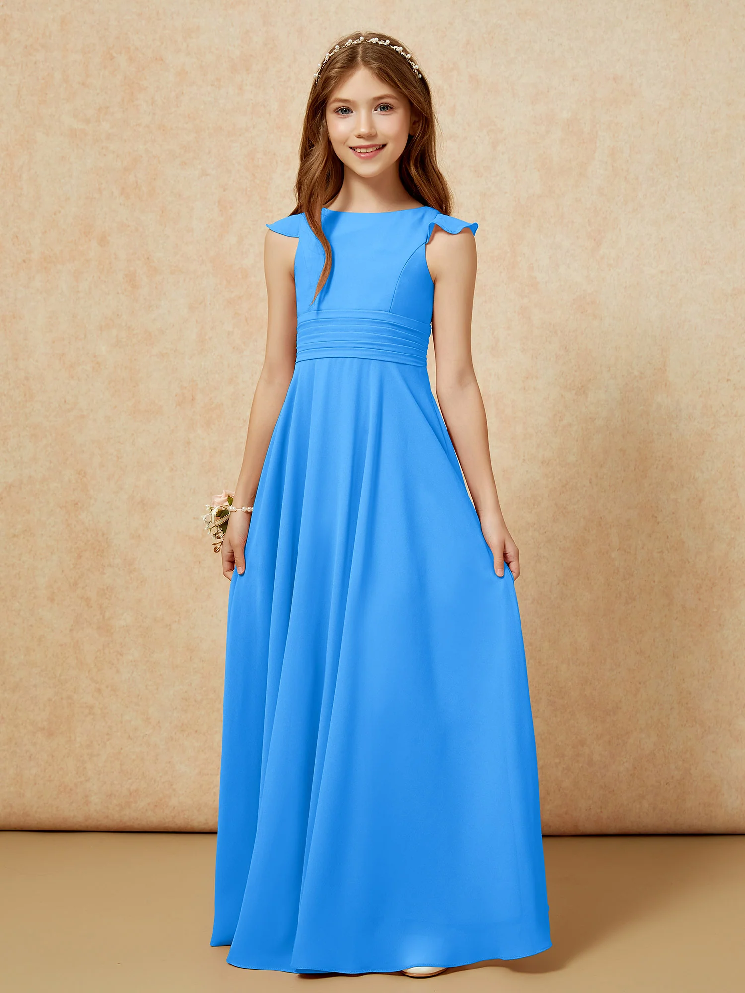 Jewel Neck Flutter Sleeves Chiffon Junior Bridesmaid Dresses Ocean Blue - Image 6