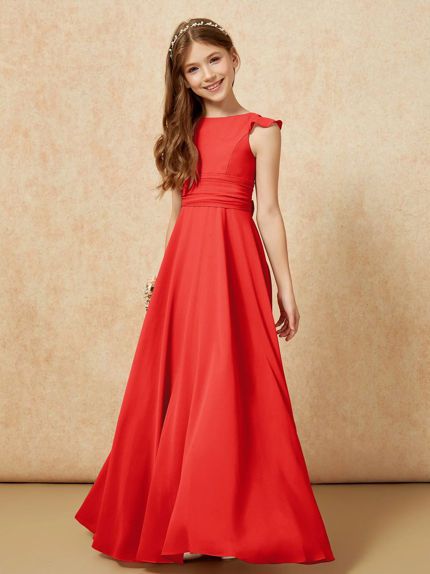 Jewel Neck Flutter Sleeves Chiffon Junior Bridesmaid Dresses Red - Image 4