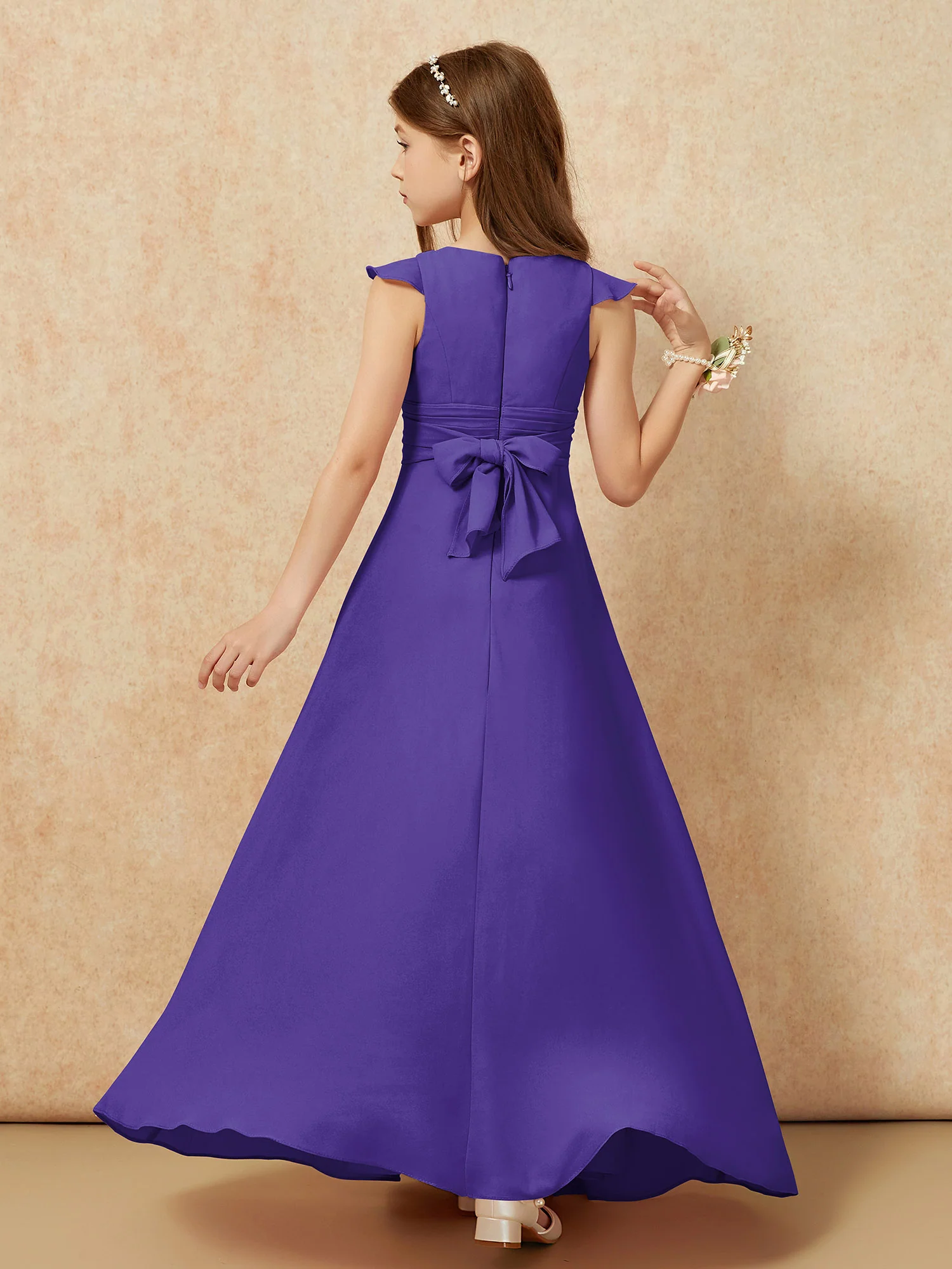 Jewel Neck Flutter Sleeves Chiffon Junior Bridesmaid Dresses Regency - Image 2