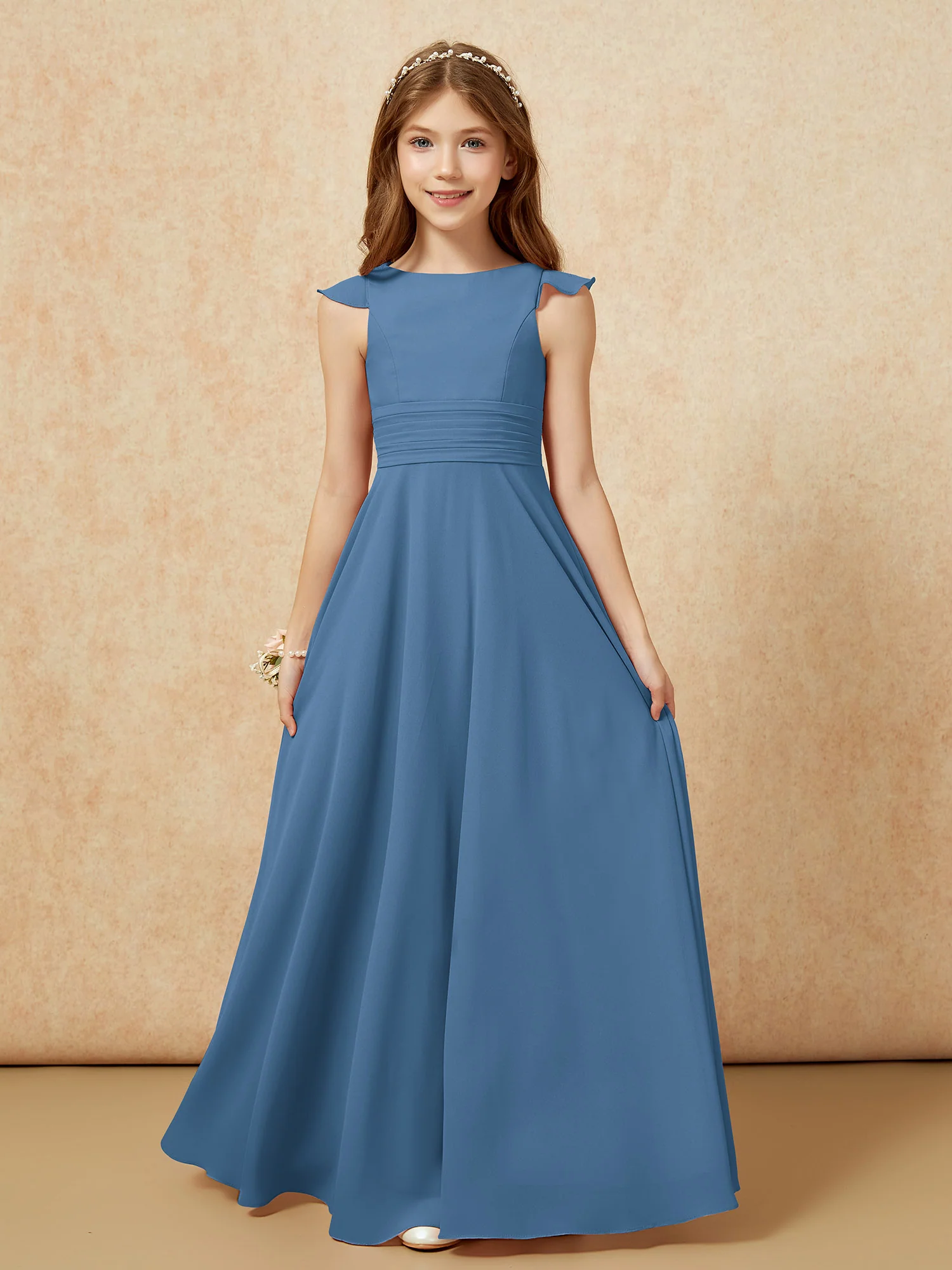 Jewel Neck Flutter Sleeves Chiffon Junior Bridesmaid Dresses Slate Blue