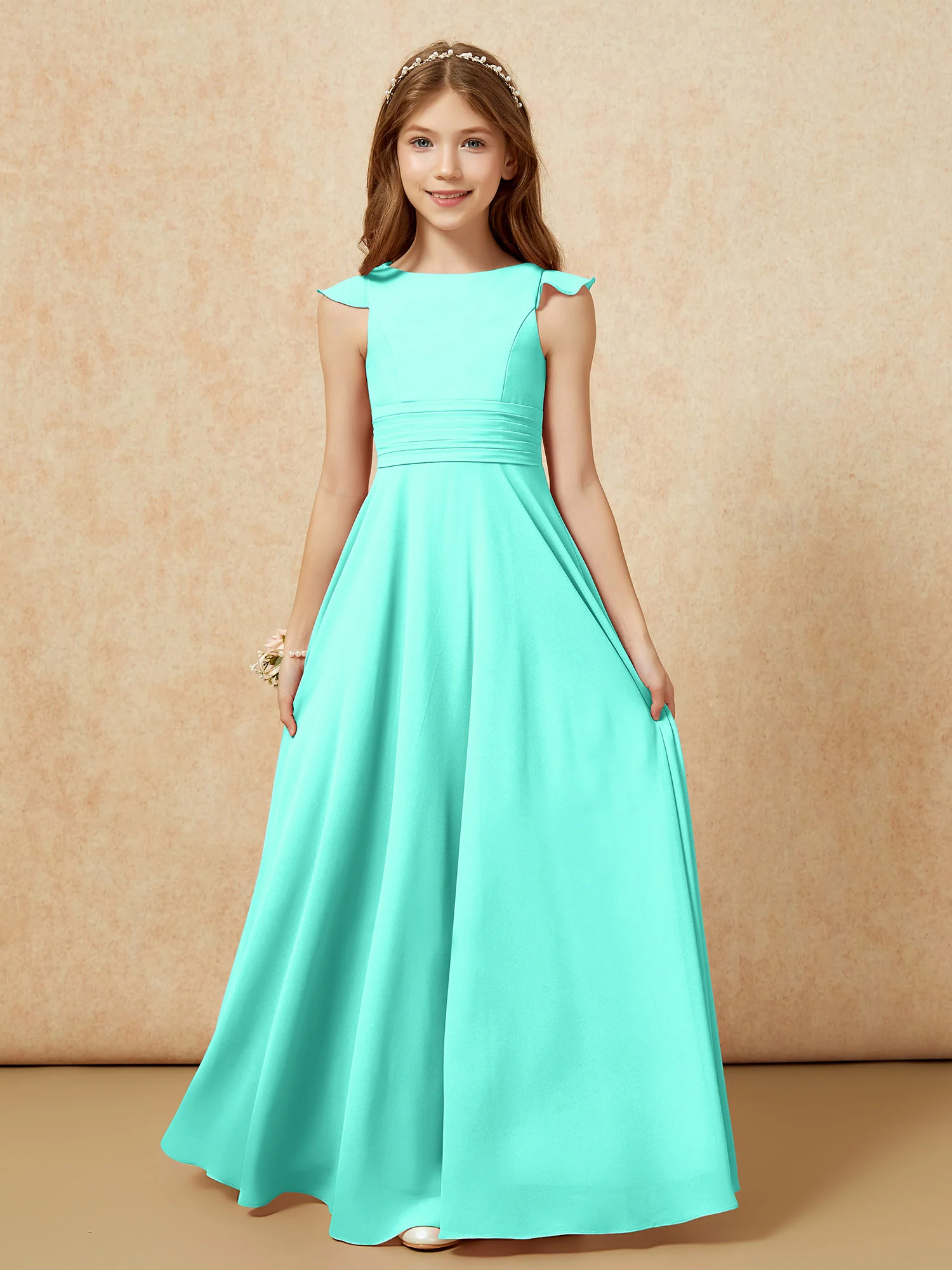 Jewel Neck Flutter Sleeves Chiffon Junior Bridesmaid Dresses Spa