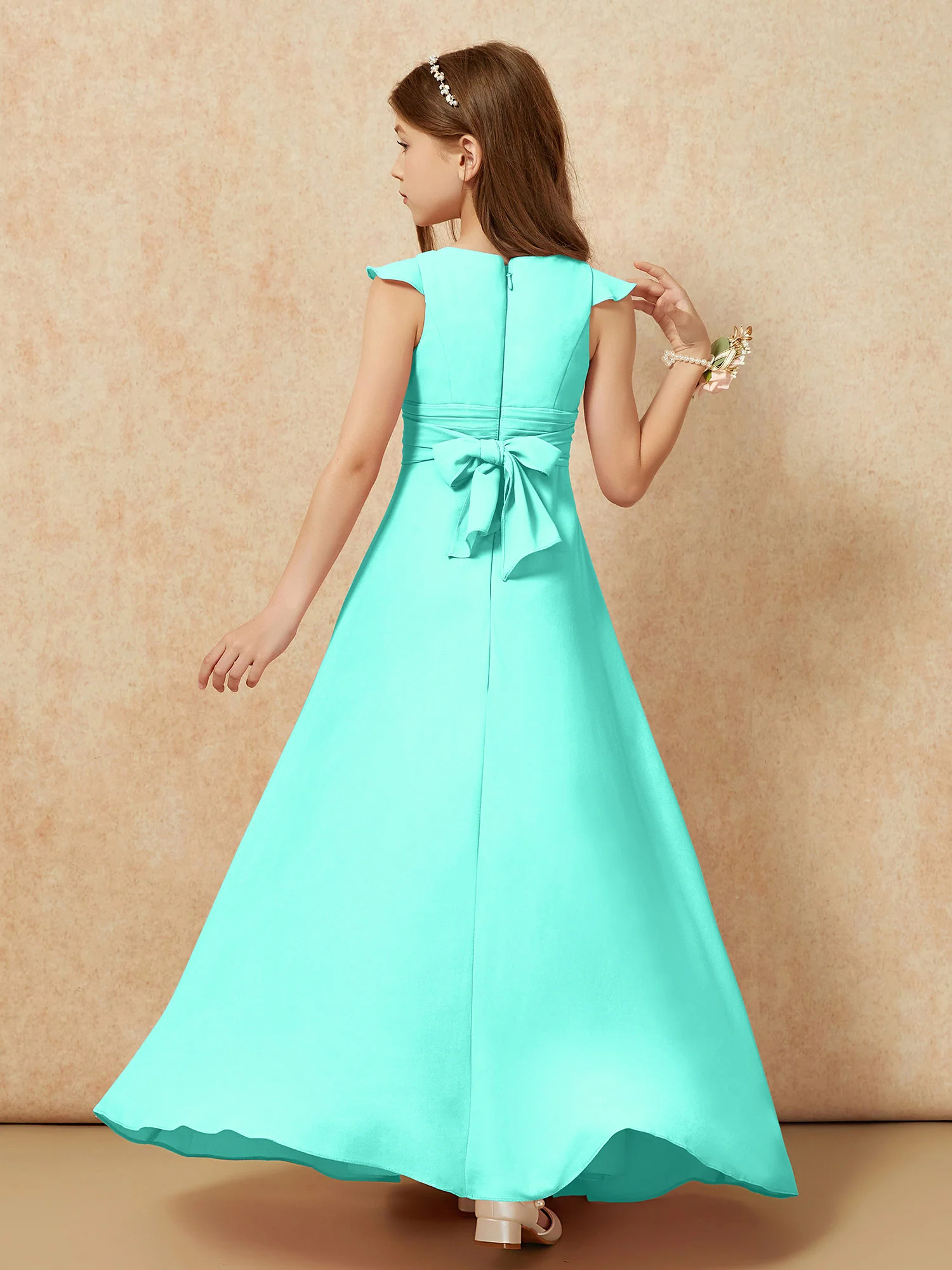 Jewel Neck Flutter Sleeves Chiffon Junior Bridesmaid Dresses Spa - Image 2