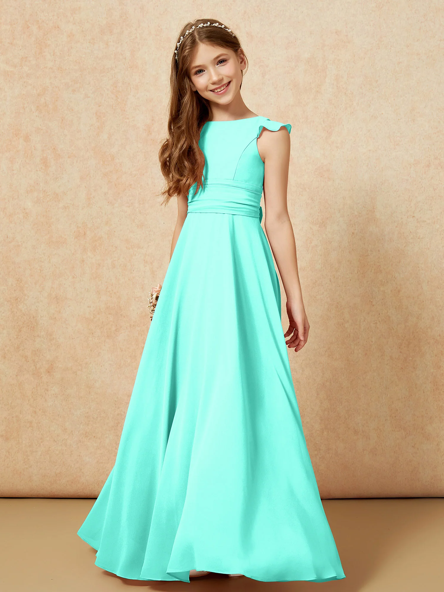 Jewel Neck Flutter Sleeves Chiffon Junior Bridesmaid Dresses Spa - Image 4